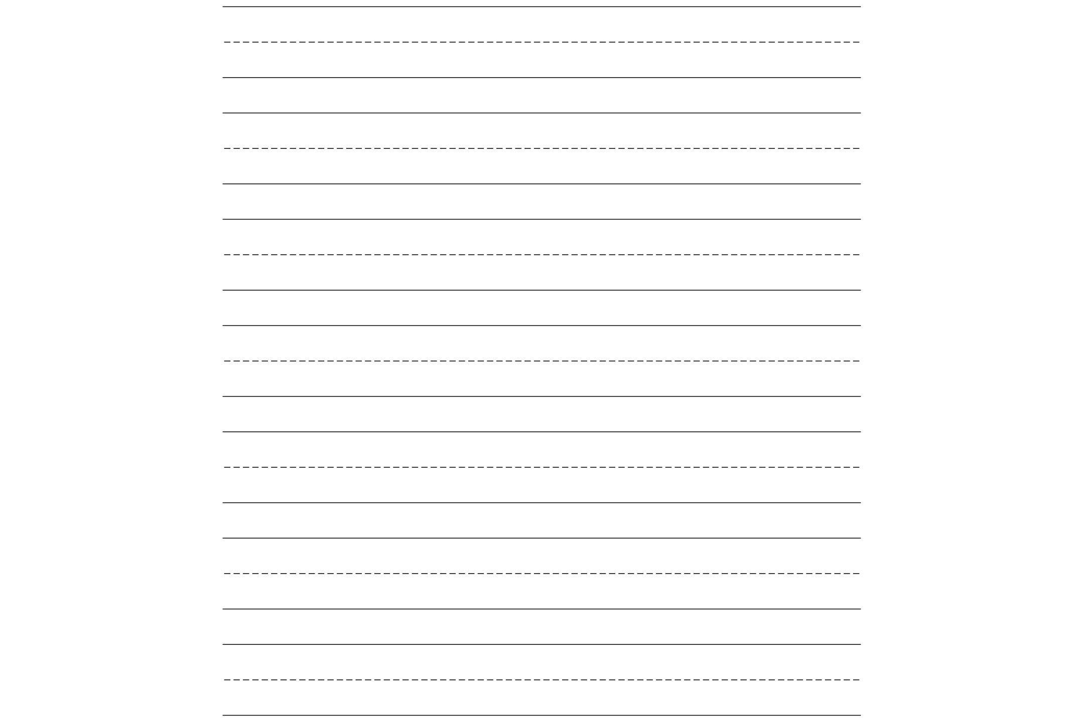 Handwriting paper with rows of solid top and base lines and a dashed midline, in black and white.