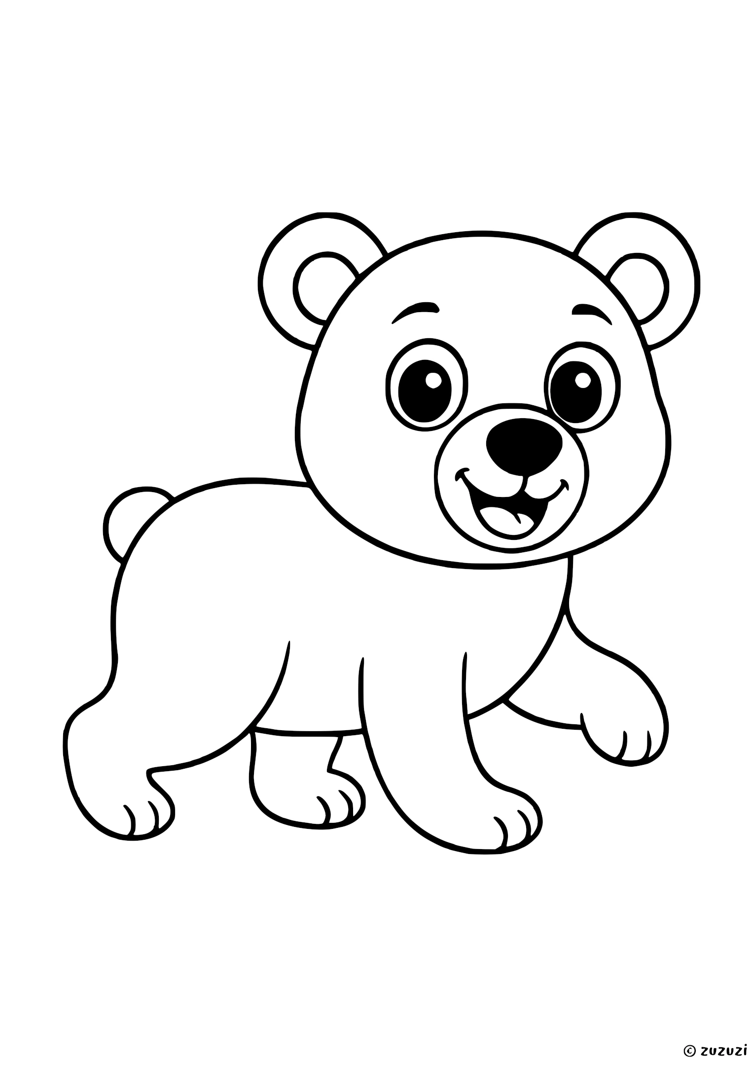 Coloring page of a happy bear cub walking with big eyes, round ears, a small tail, and four paws.