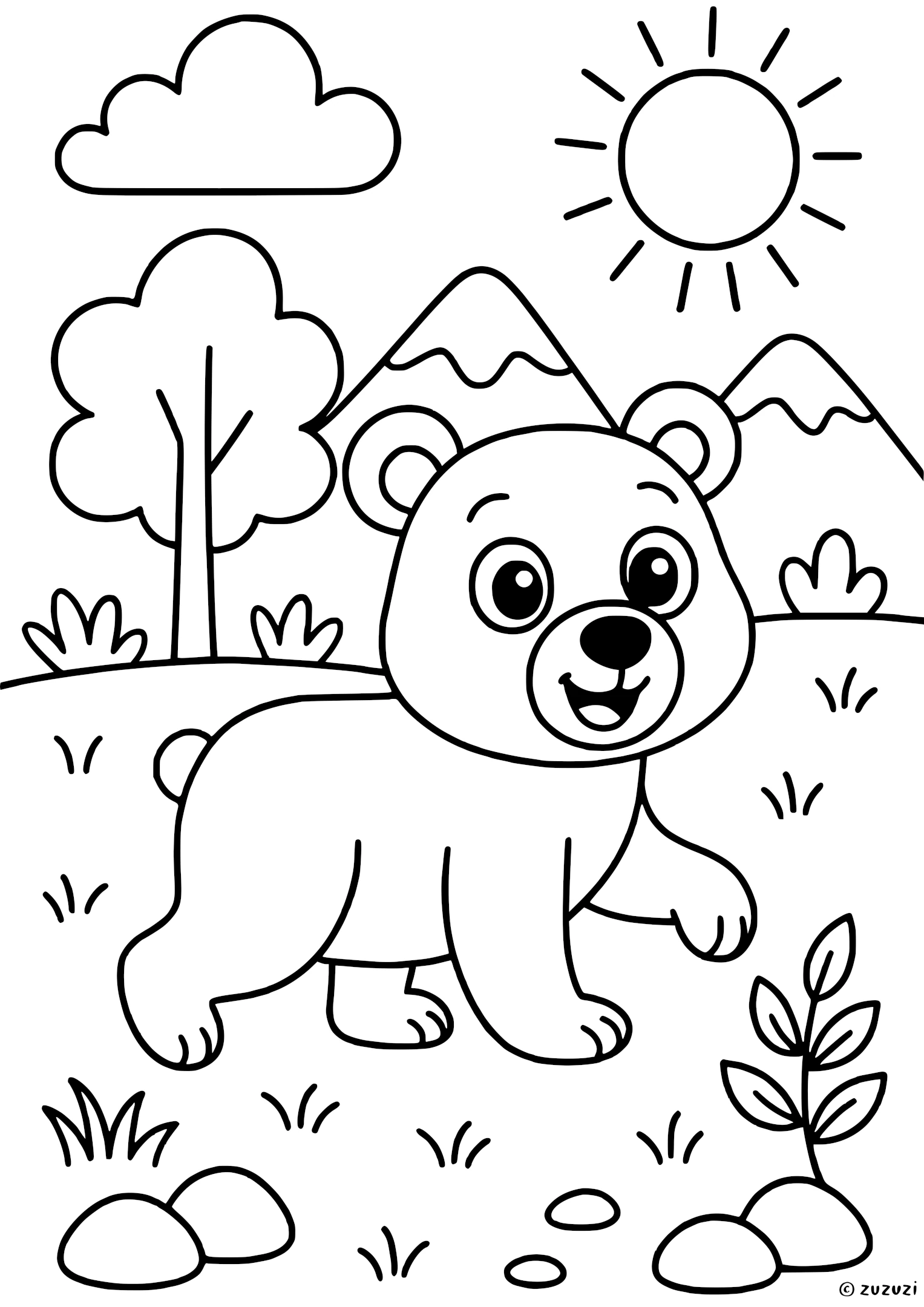 Coloring page of a happy bear cub walking on grass with big eyes, rounded ears, and a small tail, surrounded by trees, rocks, bushes, mountains, clouds, and the sun.
