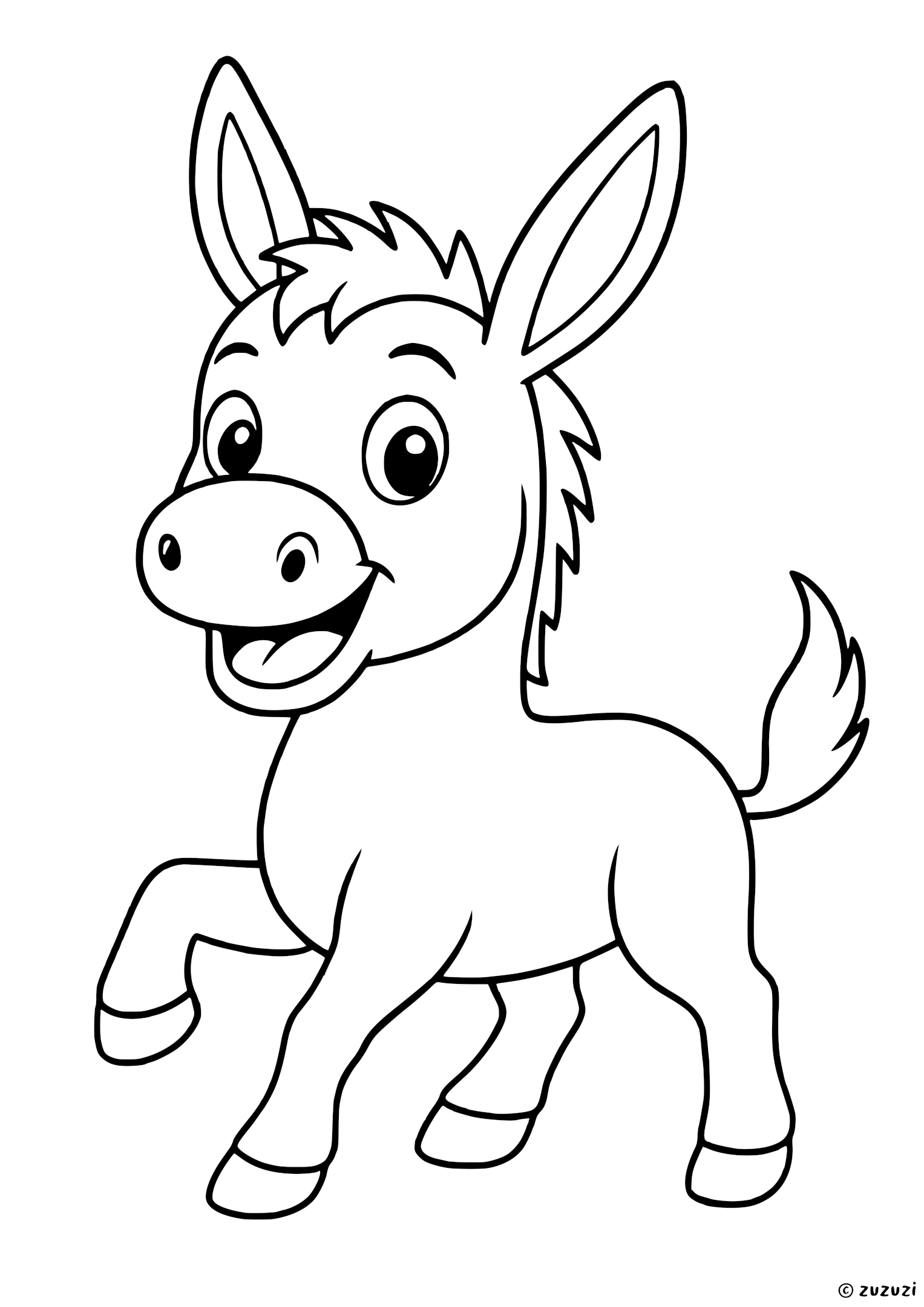 Coloring page of a happy donkey with long ears, four legs, a short mane, and a fluffy tail.