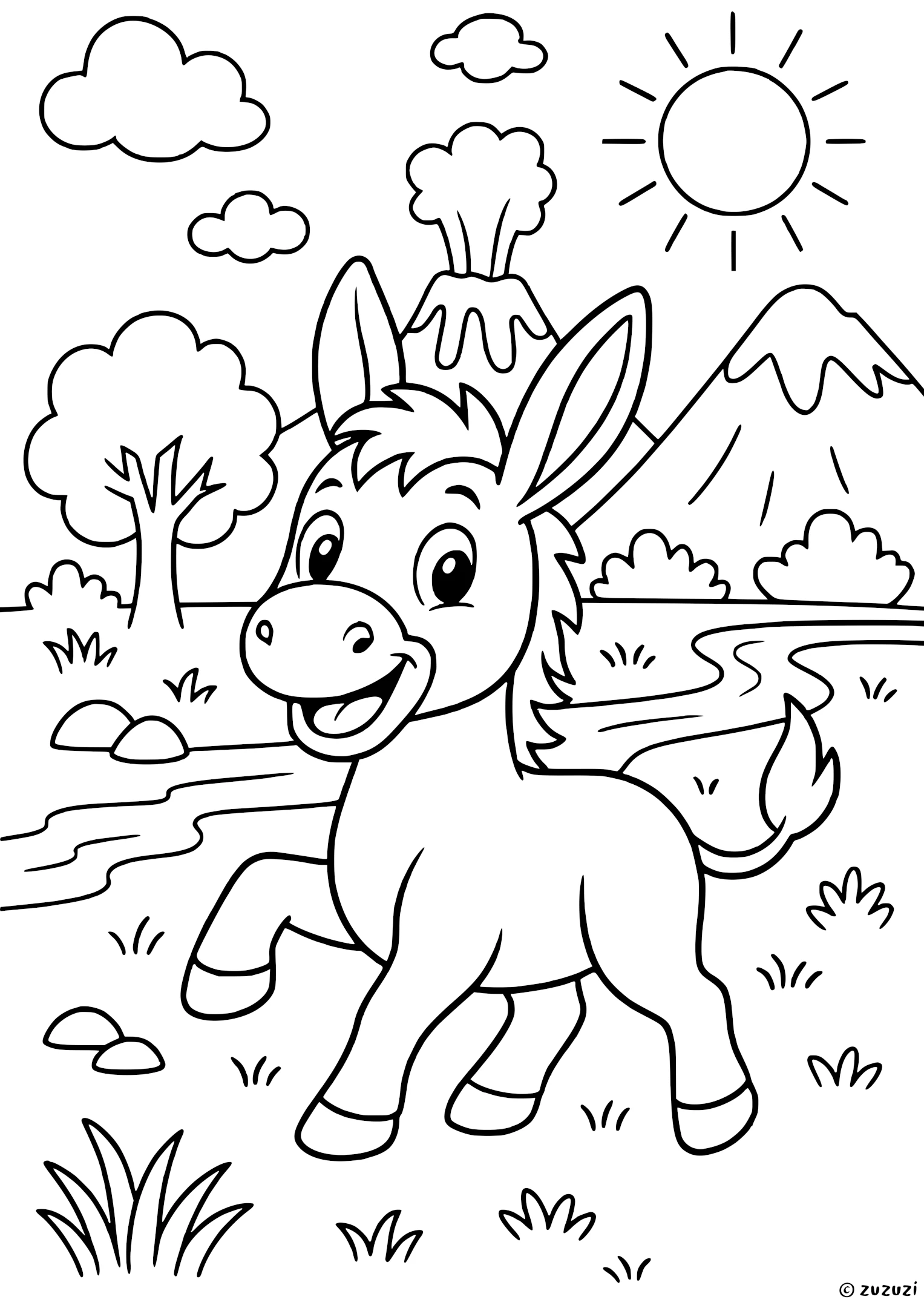 Coloring page of a happy donkey walking through a grassy valley with large ears, short mane, a fluffy tail, trees, river, mountains, and a volcano in the background.