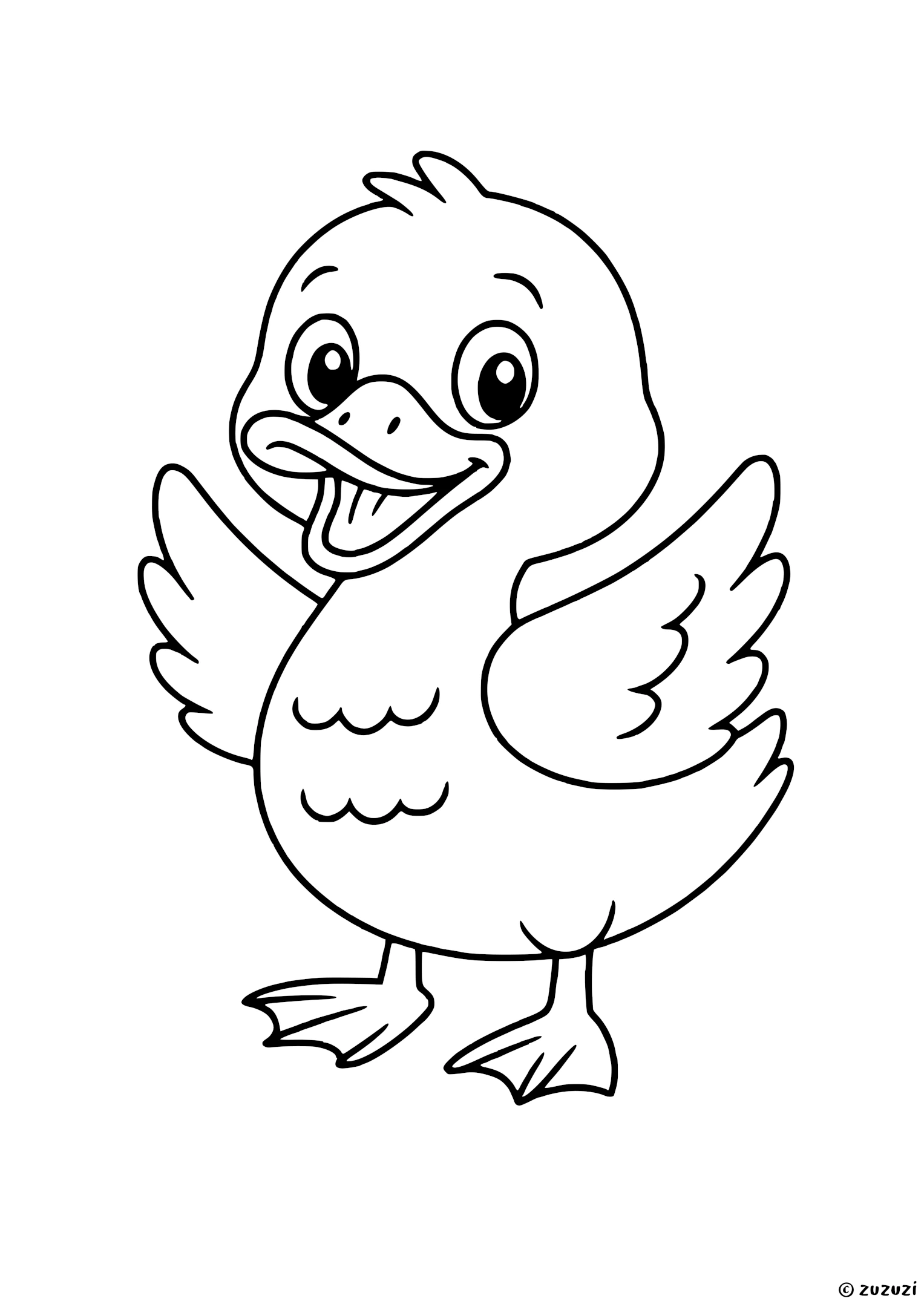 Coloring page of a happy duck with a wide beak, open wings, two webbed feet, and a joyful expression.