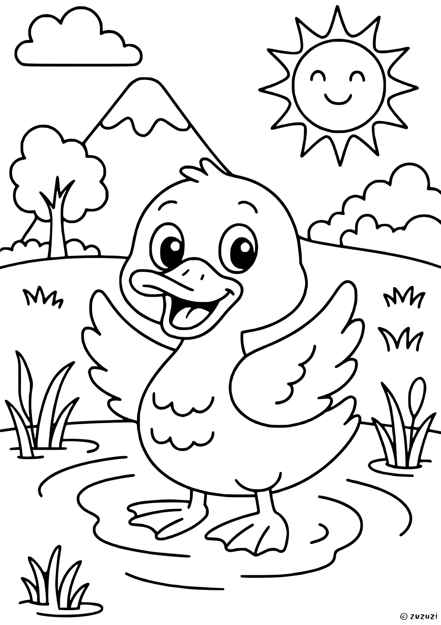 Coloring page of a happy duck flapping its wings while standing in a pond, with webbed feet, surrounded by grass, trees, snowy mountains, clouds, and a smiling sun.