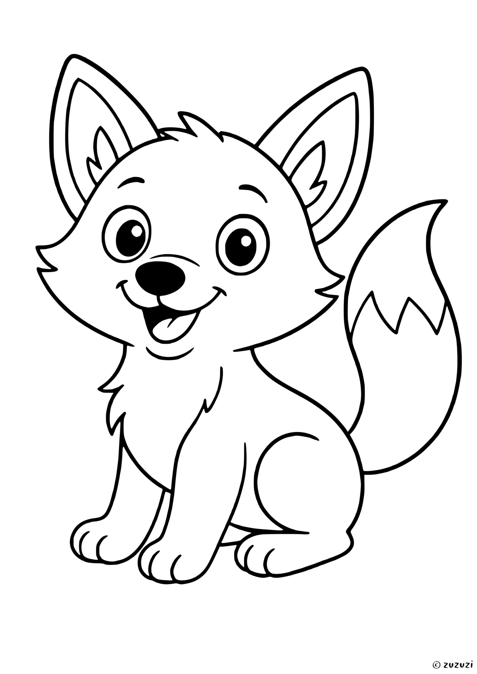 Coloring page of a happy fox with large ears, round eyes, fluffy tail, and a big smile.