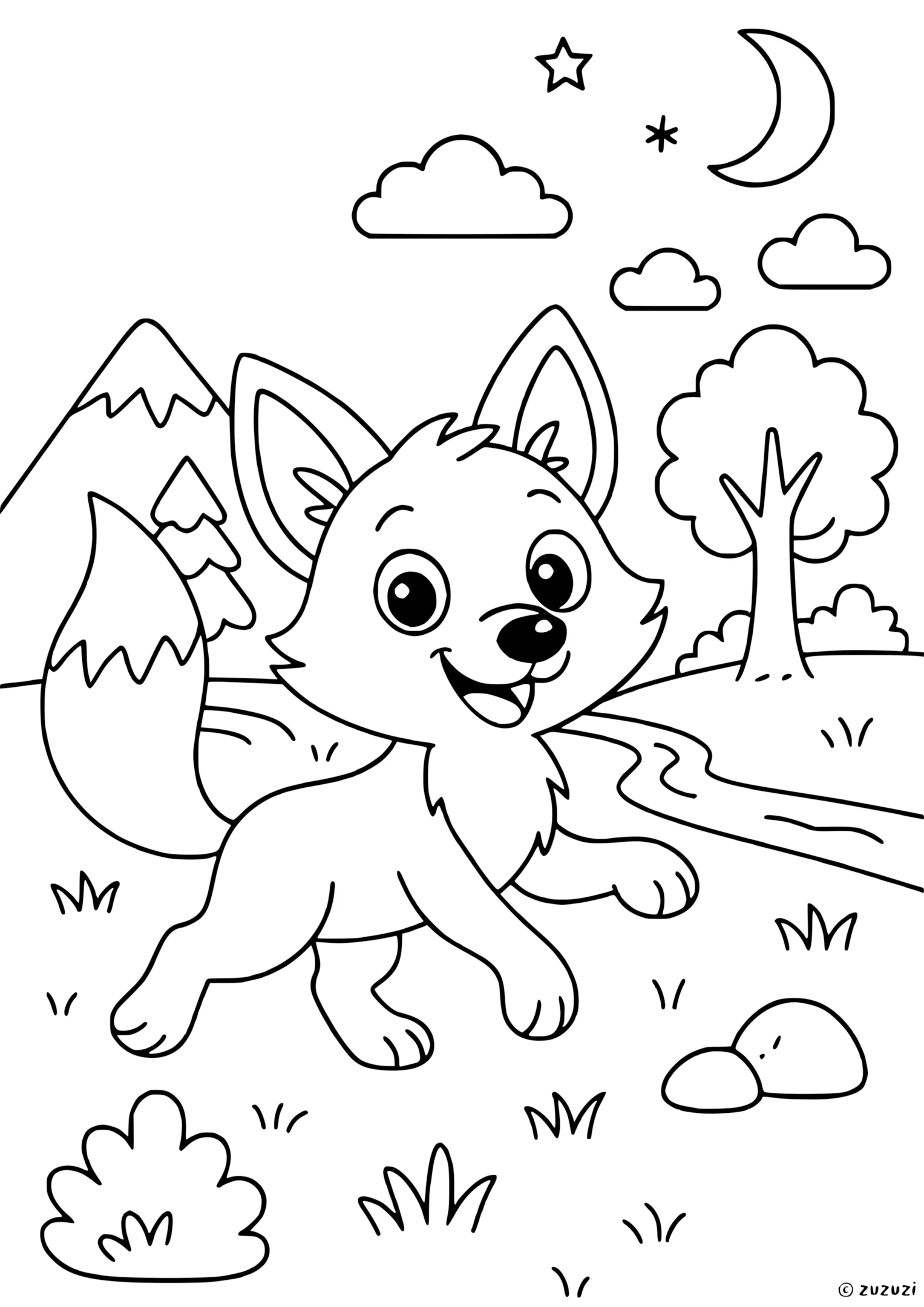 Coloring page of a happy fox with large ears, fluffy tail, and open mouth, standing in a forest with trees, mountains, stars, moon, and clouds.