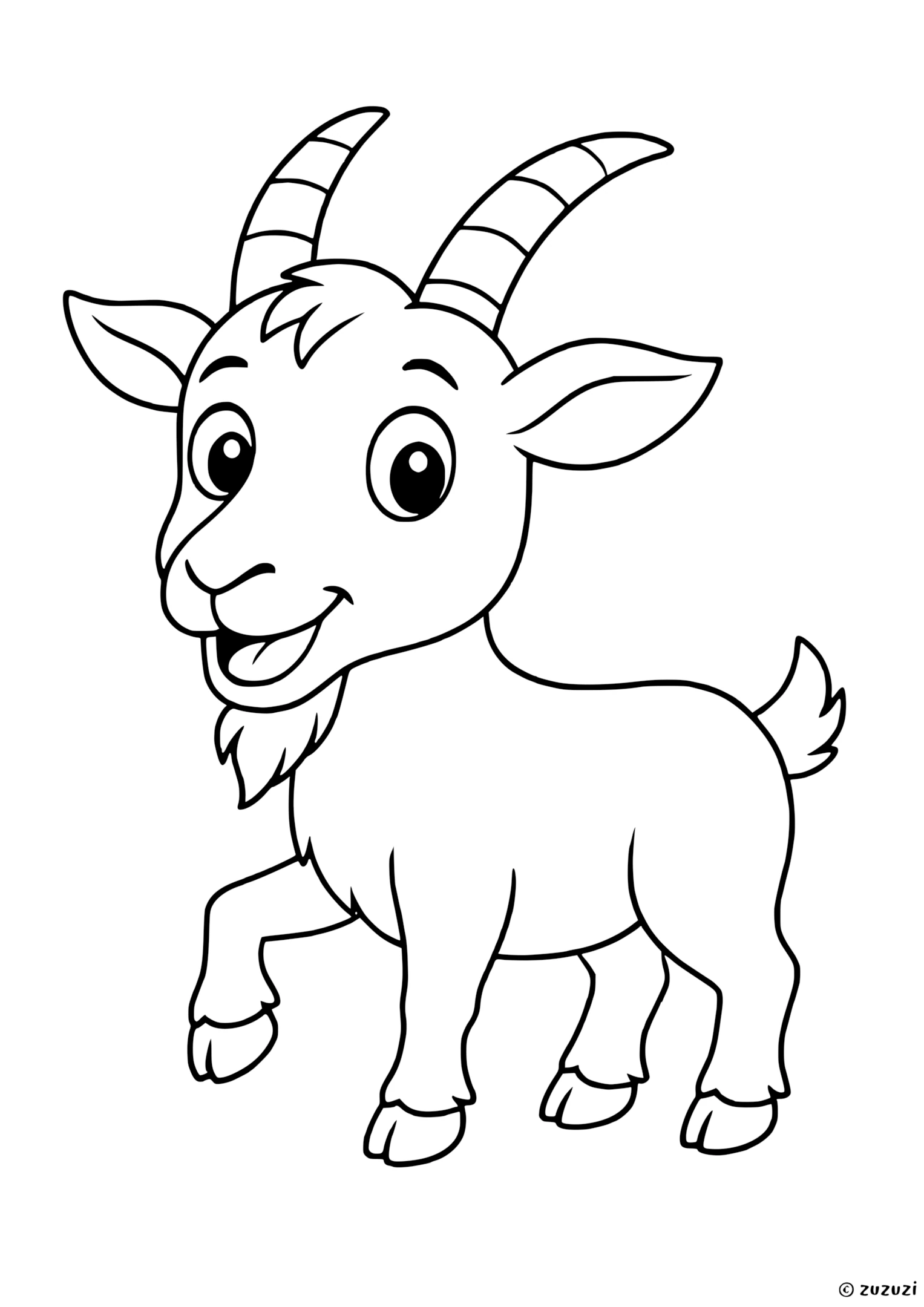 Coloring page of a happy goat with curved horns, a small beard, raised front leg, and a short tail.