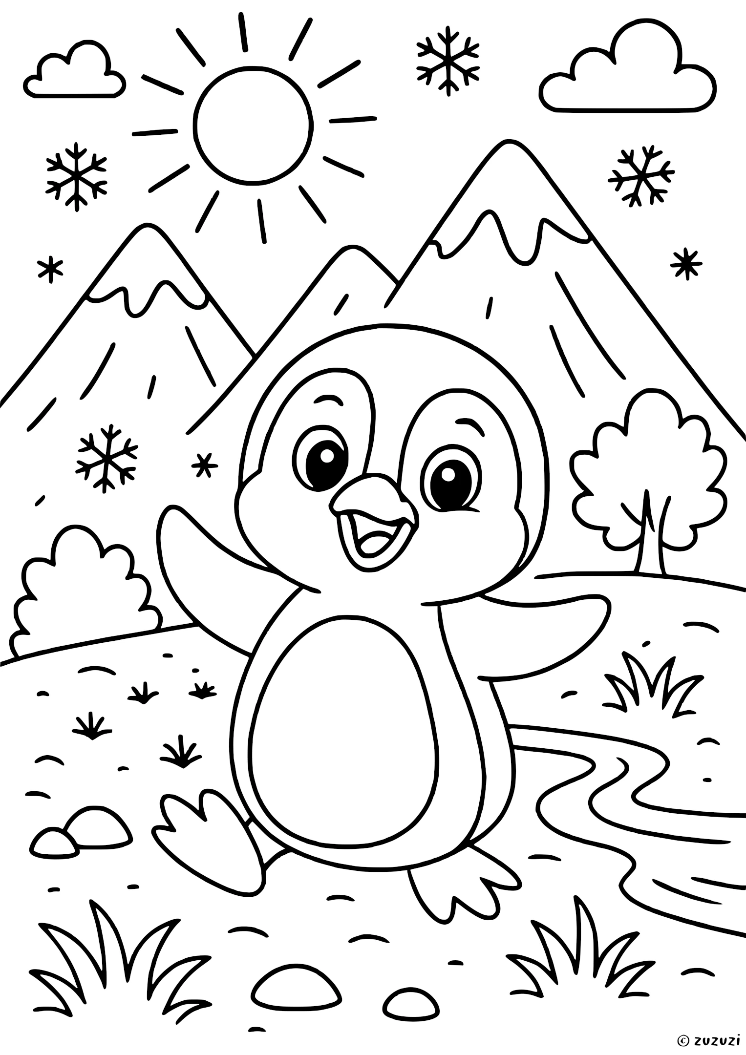 Coloring page of a happy penguin with open wings, big eyes, and a smiling beak standing in a snowy mountain landscape with trees, snowflakes, and a winding path.