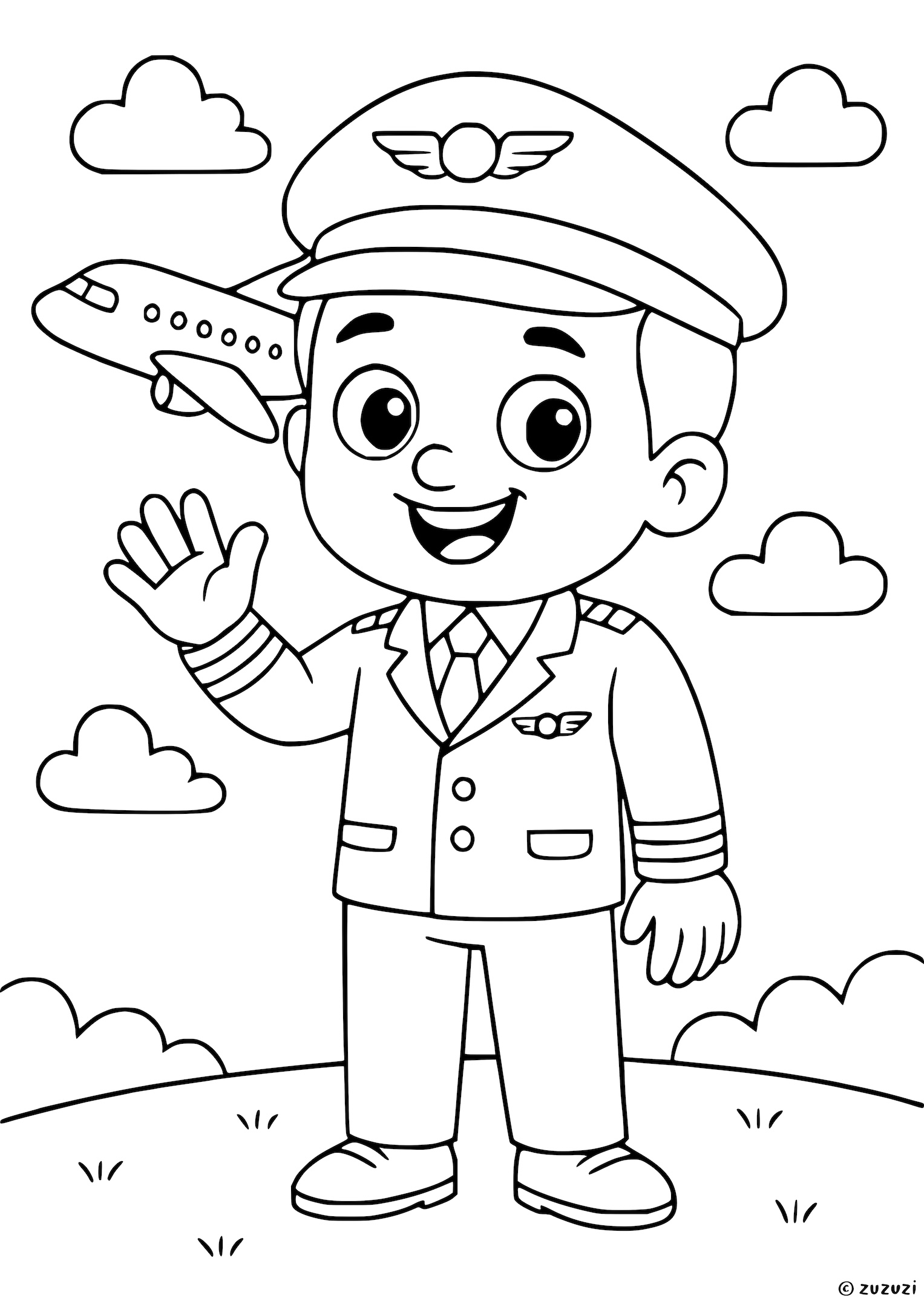 Coloring page of a cheerful pilot in uniform waving, with an airplane flying in the sky.