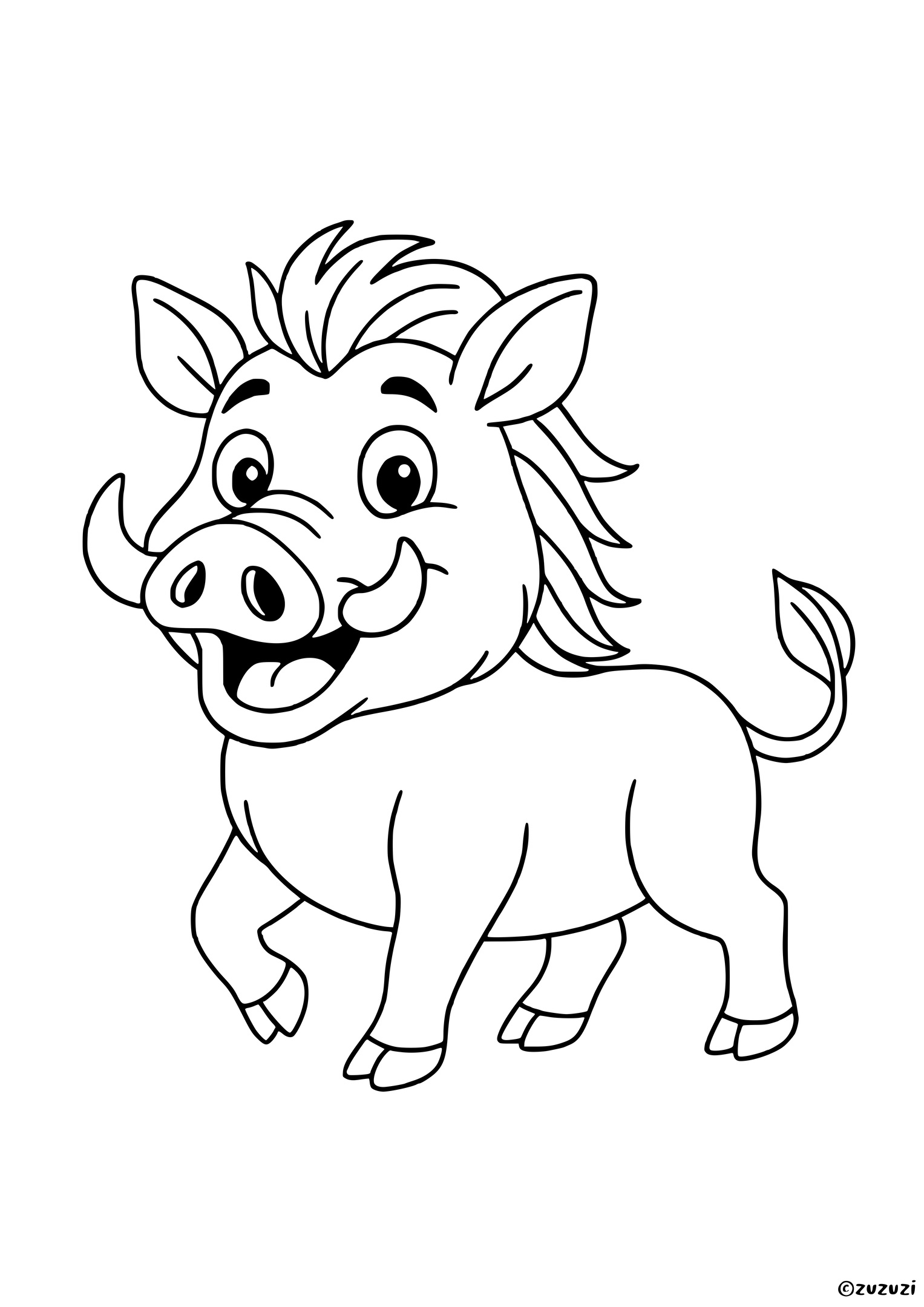 Coloring page of a happy warthog with big eyes, a tufted mane, curled tail, and prominent tusks.