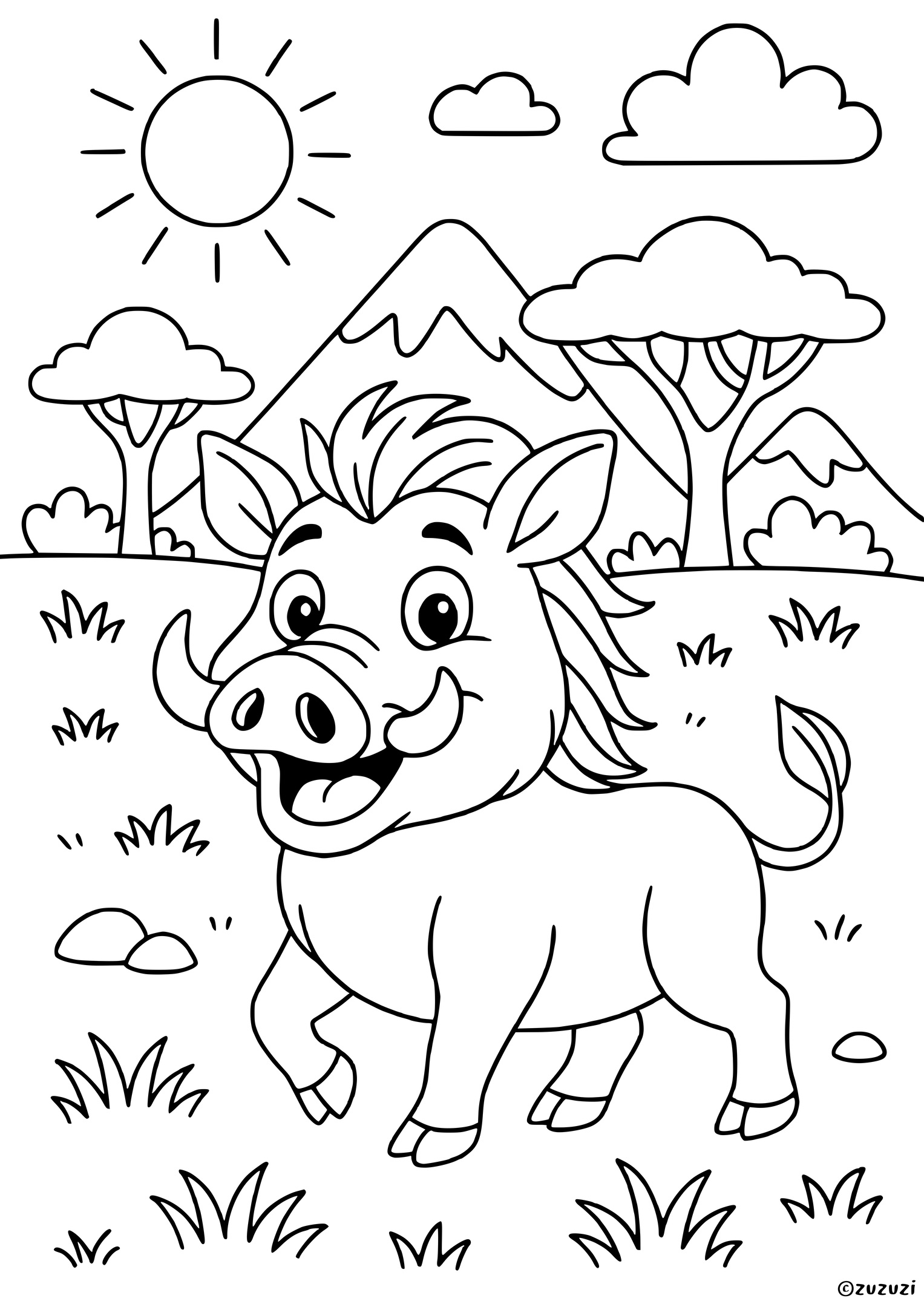 Coloring page of a happy warthog standing in a savannah with acacia trees, grassy field, rocky ground, and sun over distant mountains.