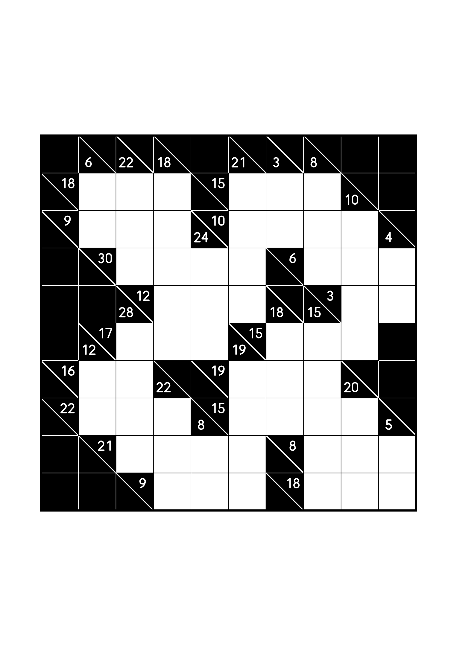 Hard 10x10 kakuro, where whole runs are tested against their cells, one large grid on the page. Level: Hard. Variant 1.