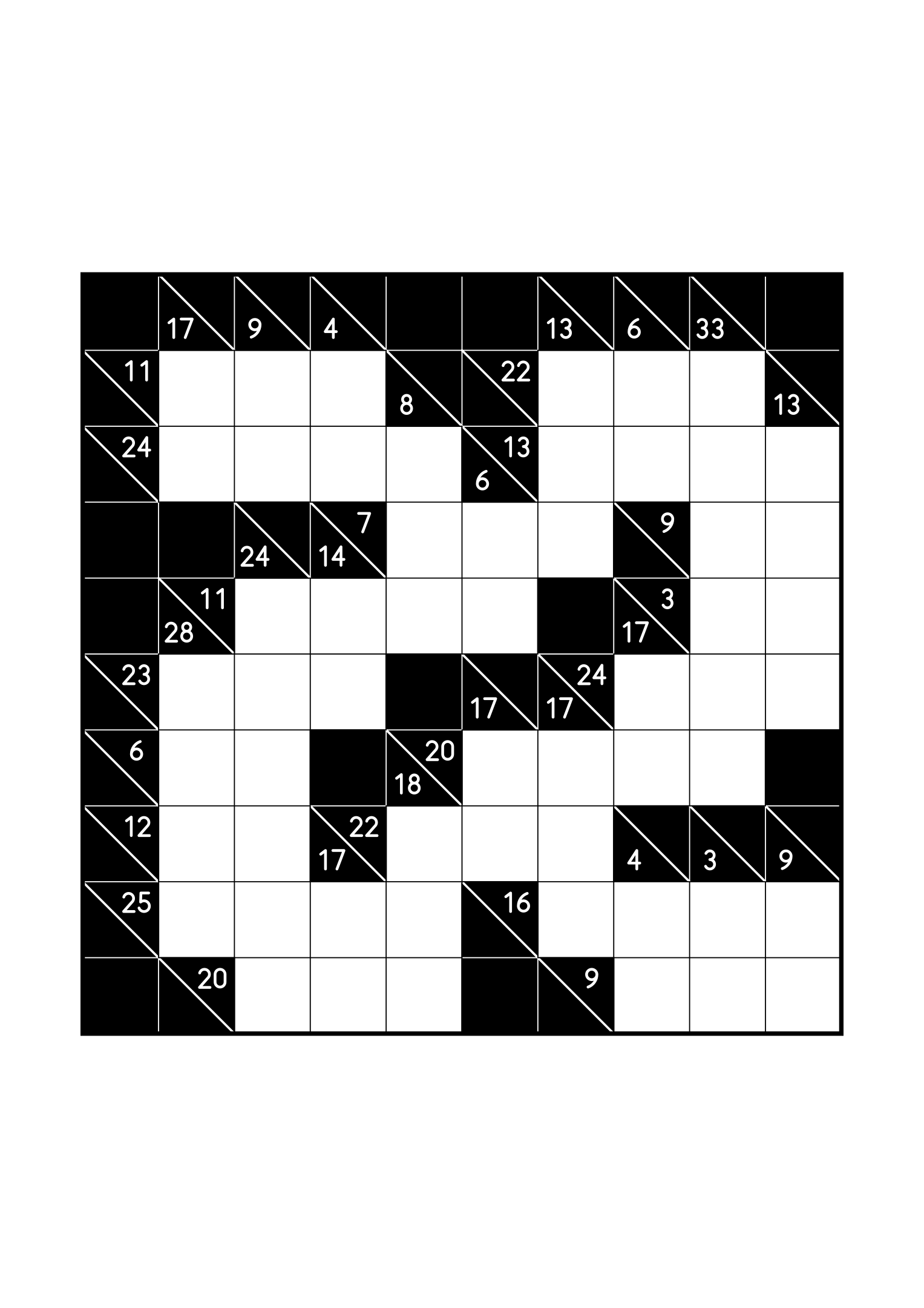Hard 10x10 kakuro, where whole runs are tested against their cells, one large grid on the page. Level: Hard. Variant 3.