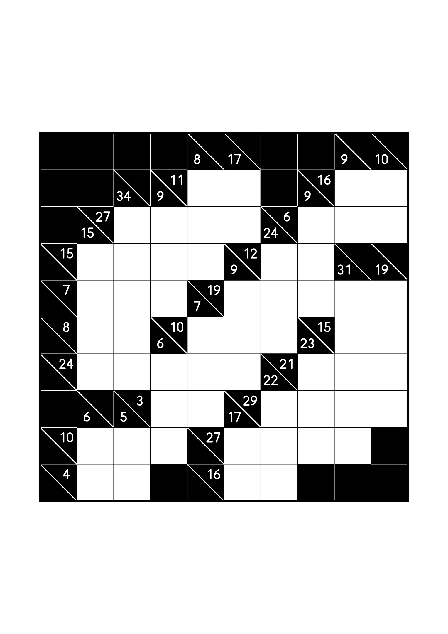 Hard 10x10 kakuro, where whole runs are tested against their cells, one large grid on the page. Level: Hard. Variant 5.