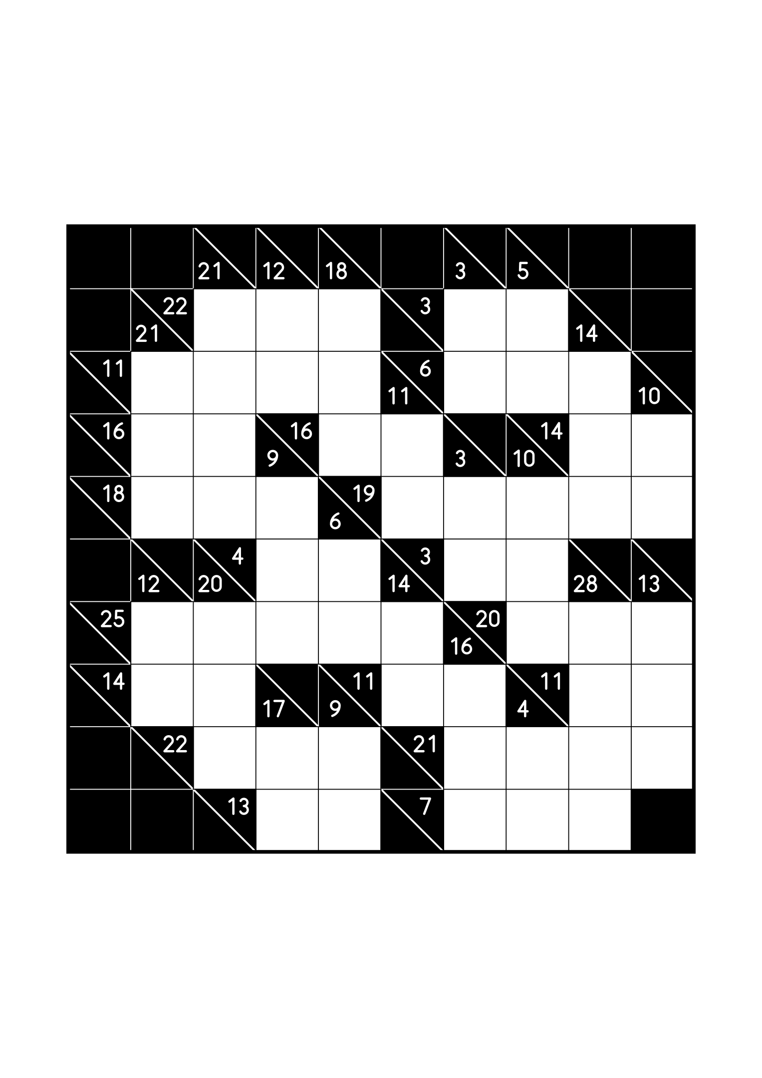 Hard 10x10 kakuro, where whole runs are tested against their cells, one large grid on the page. Level: Hard. Variant 6.