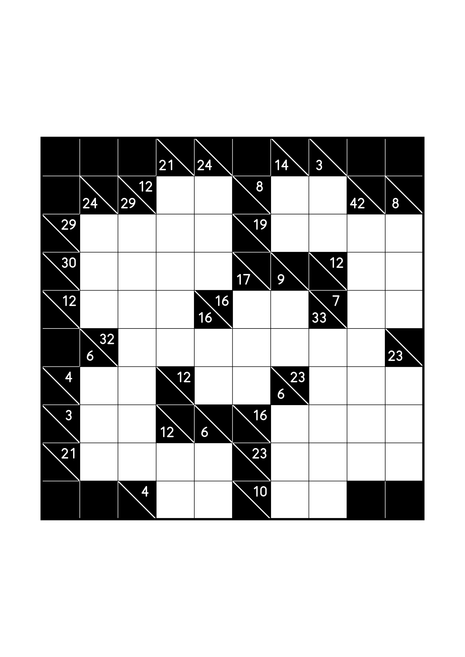 Hard 10x10 kakuro, where whole runs are tested against their cells, one large grid on the page. Level: Hard. Variant 8.