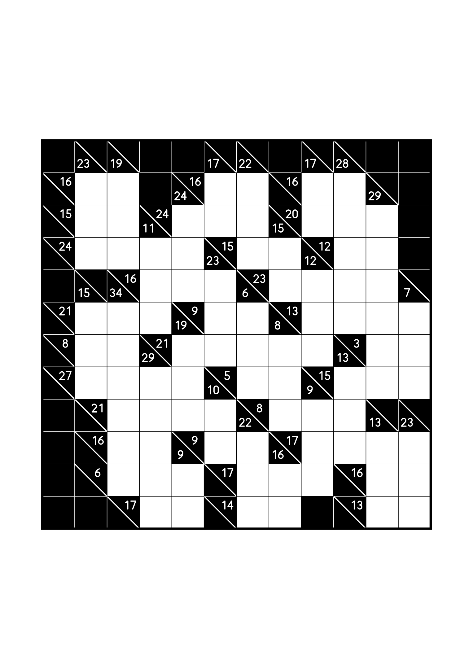 Hard 12x12 kakuro, where whole runs are tested against their cells, one large grid on the page. Level: Hard. Variant 2.
