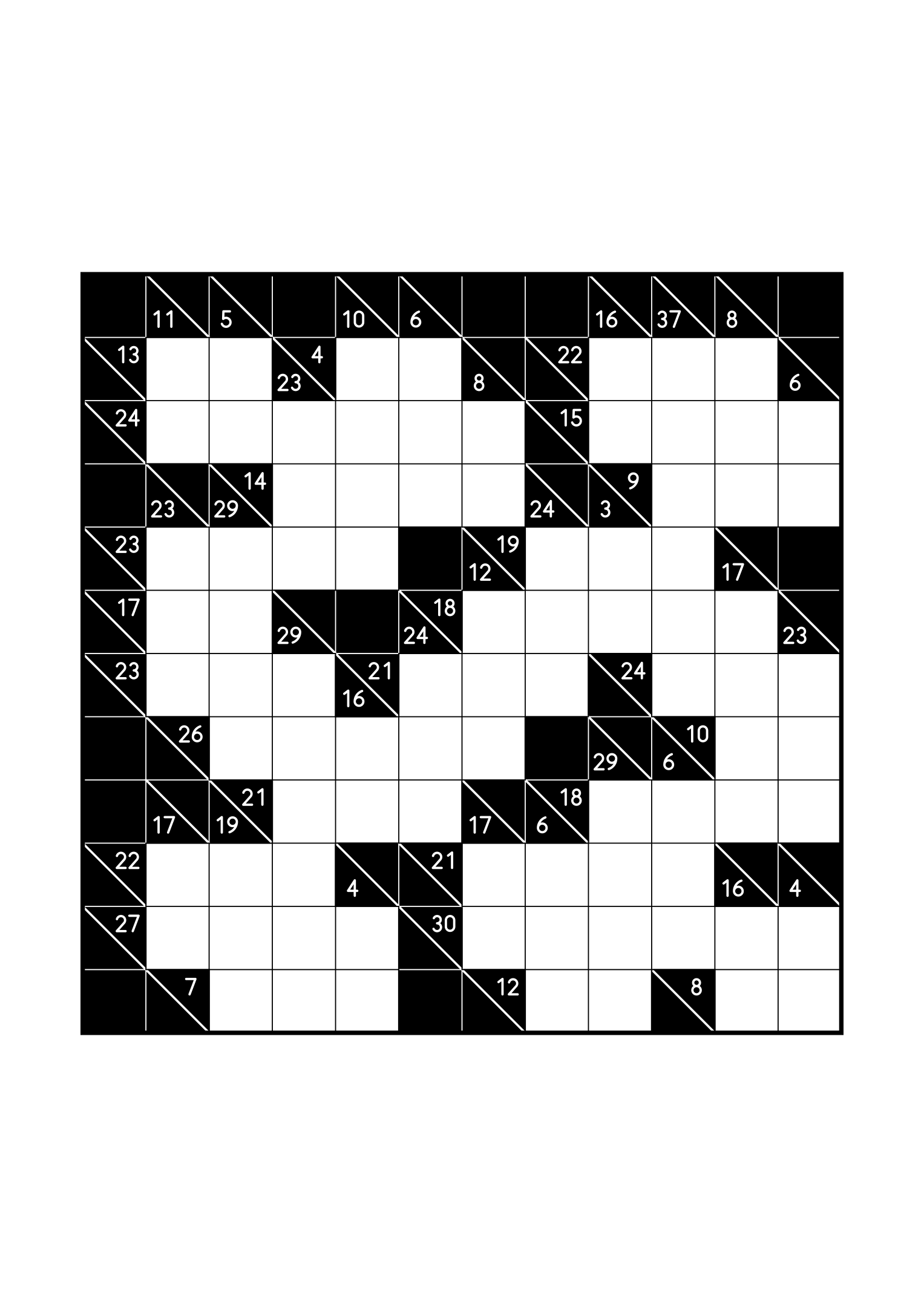 Hard 12x12 kakuro, where whole runs are tested against their cells, one large grid on the page. Level: Hard. Variant 3.