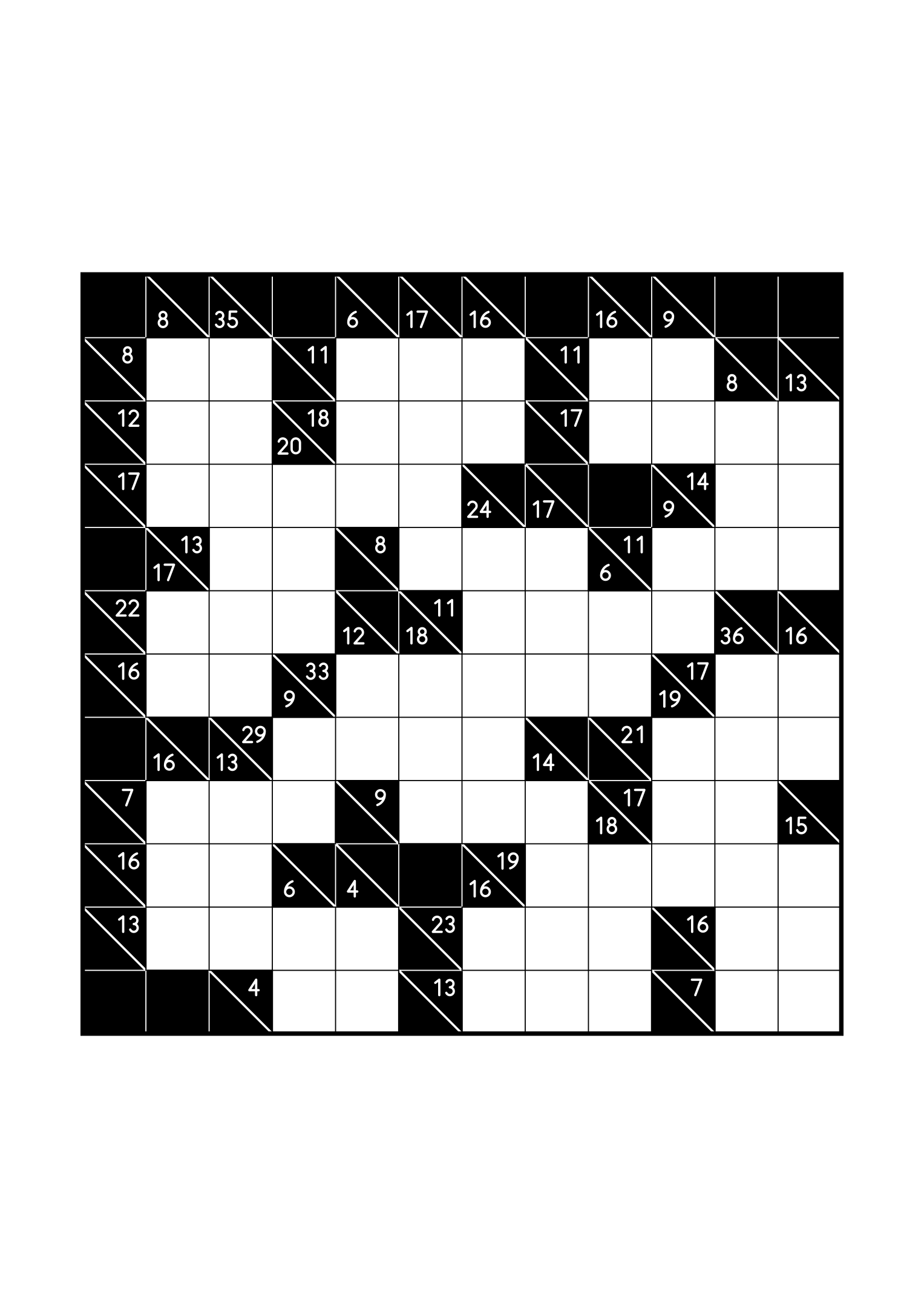 Hard 12x12 kakuro, where whole runs are tested against their cells, one large grid on the page. Level: Hard. Variant 5.