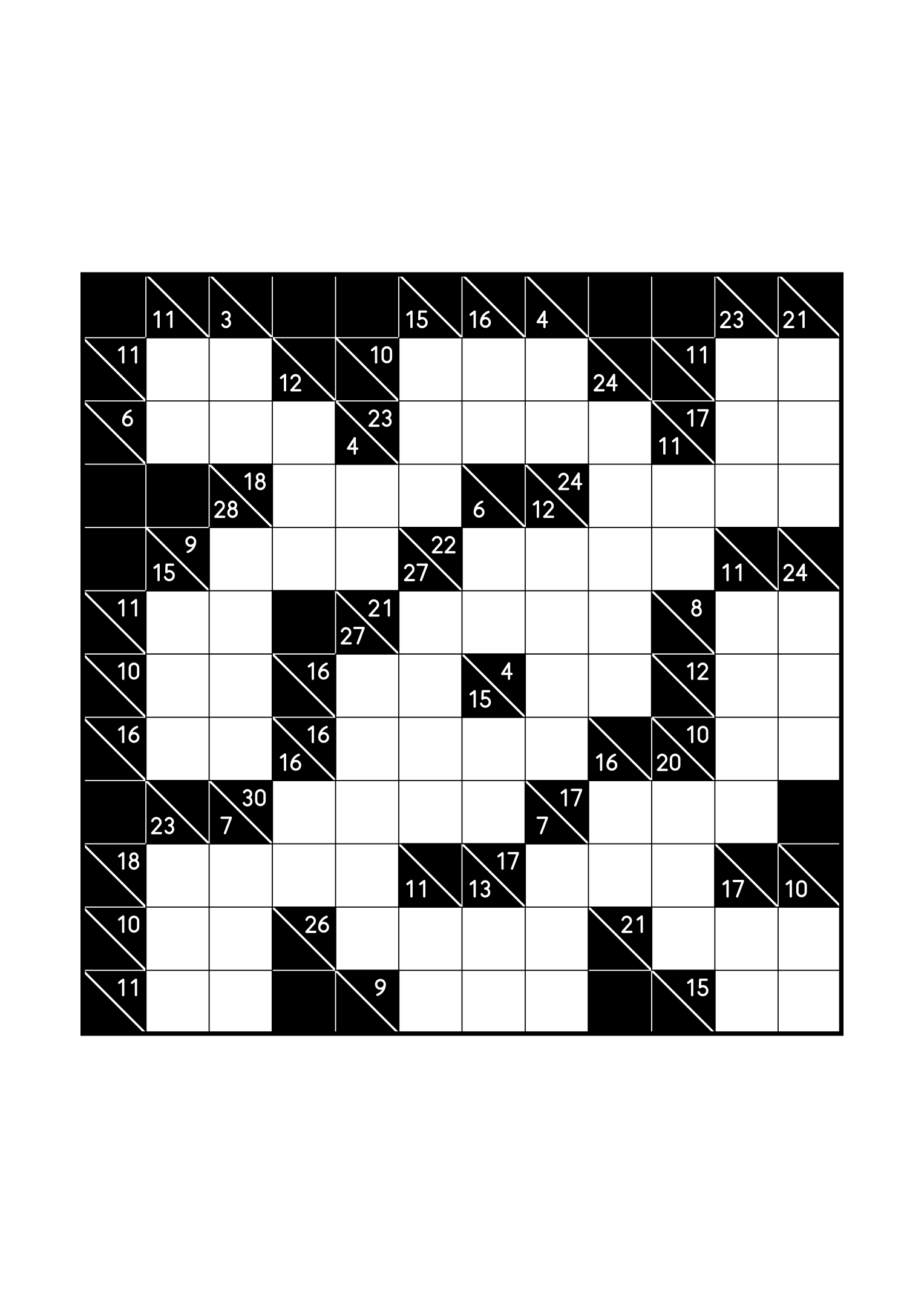 Hard 12x12 kakuro, where whole runs are tested against their cells, one large grid on the page. Level: Hard. Variant 6.