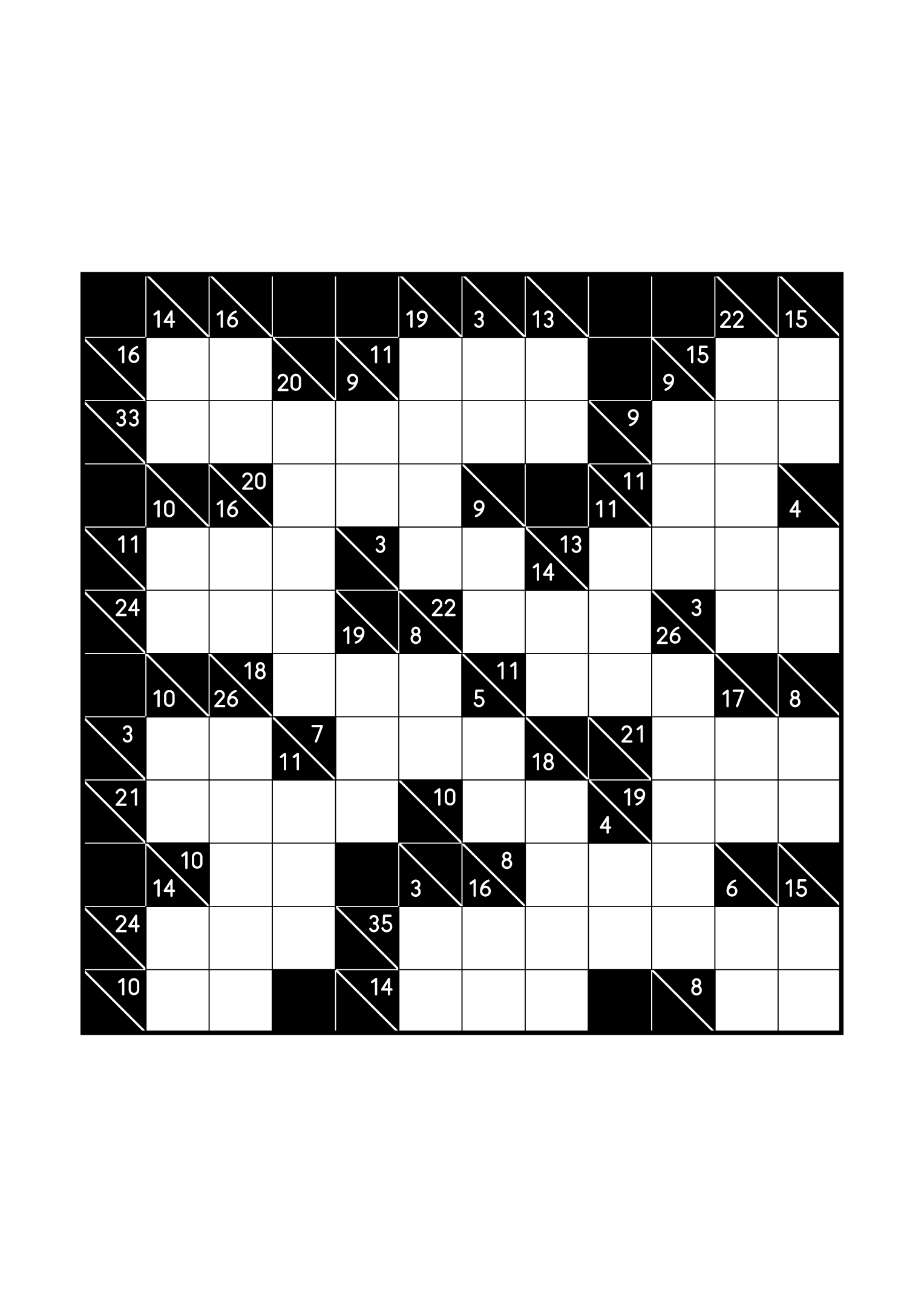 Hard 12x12 kakuro, where whole runs are tested against their cells, one large grid on the page. Level: Hard. Variant 8.