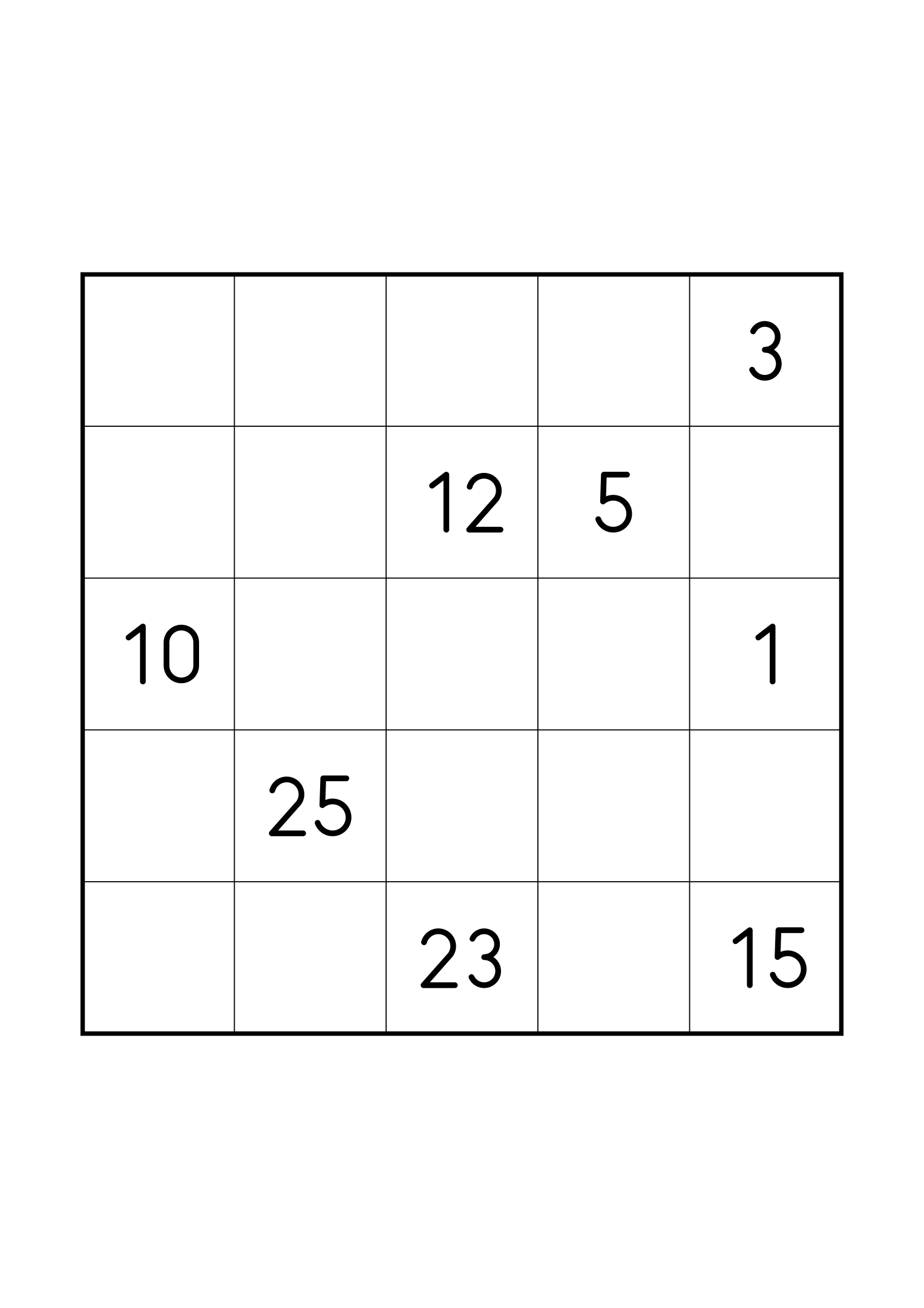Hard 5x5 Hidoku, one grid on the page: just the numbers its single solution needs. Variant 1.