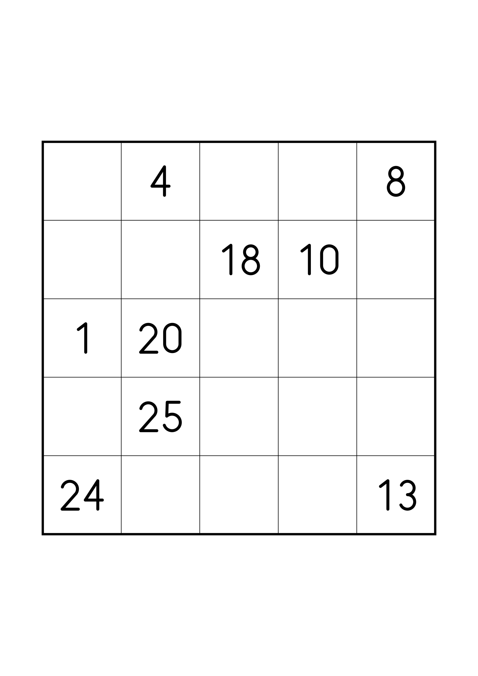 Hard 5x5 Hidoku, one grid on the page: just the numbers its single solution needs. Variant 2.