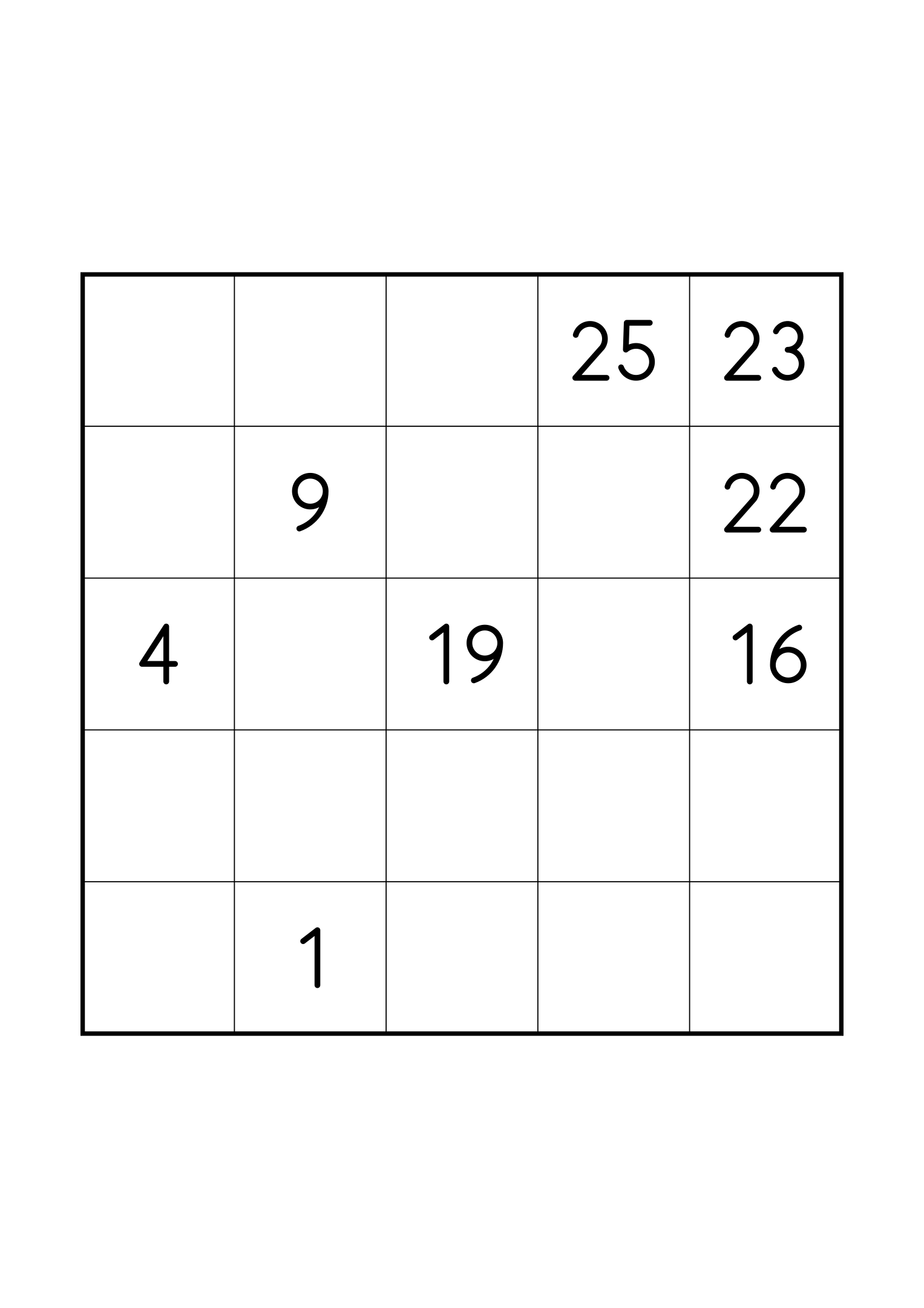 Hard 5x5 Hidoku, one grid on the page: just the numbers its single solution needs. Variant 3.