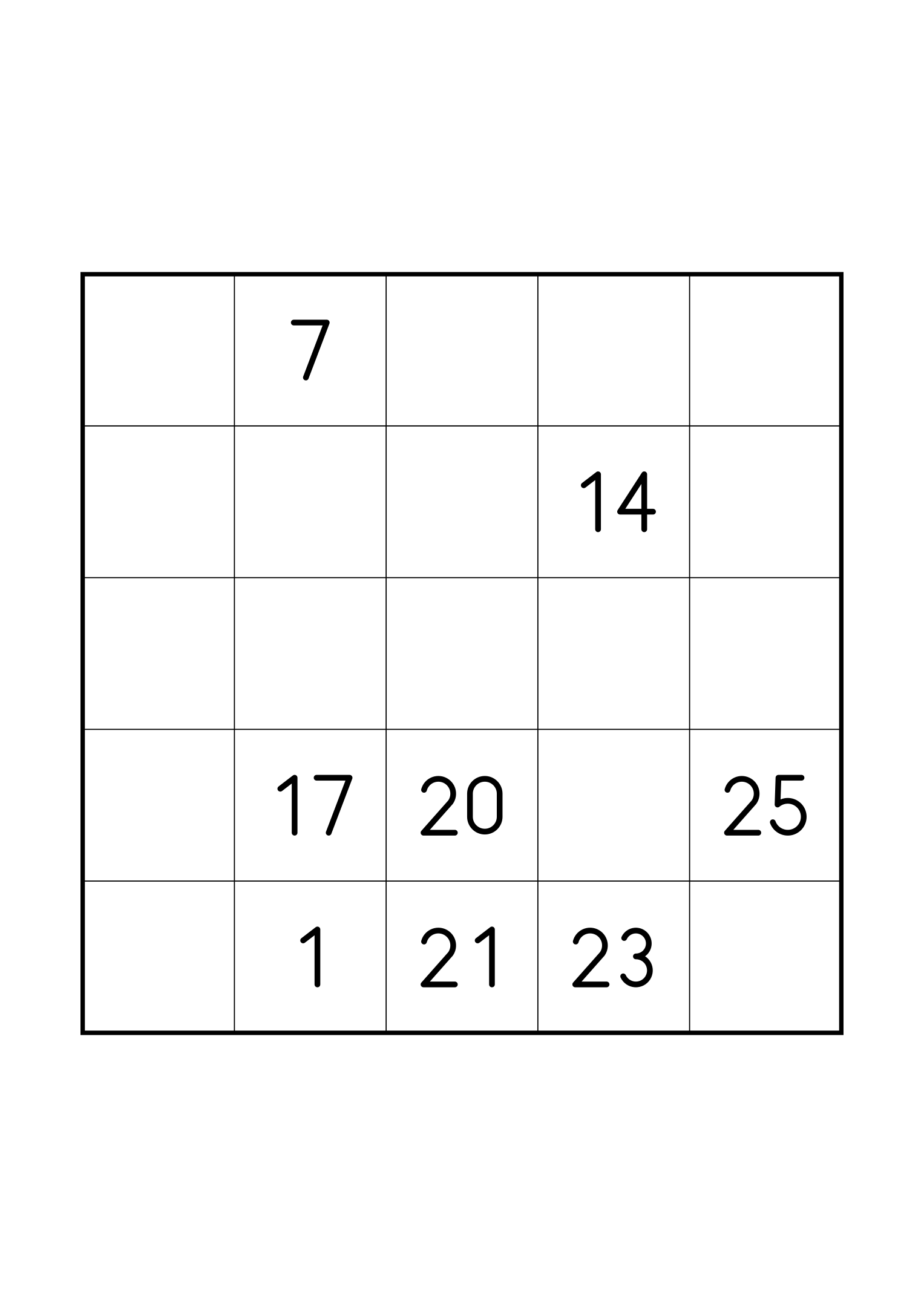 Hard 5x5 Hidoku, one grid on the page: just the numbers its single solution needs. Variant 4.