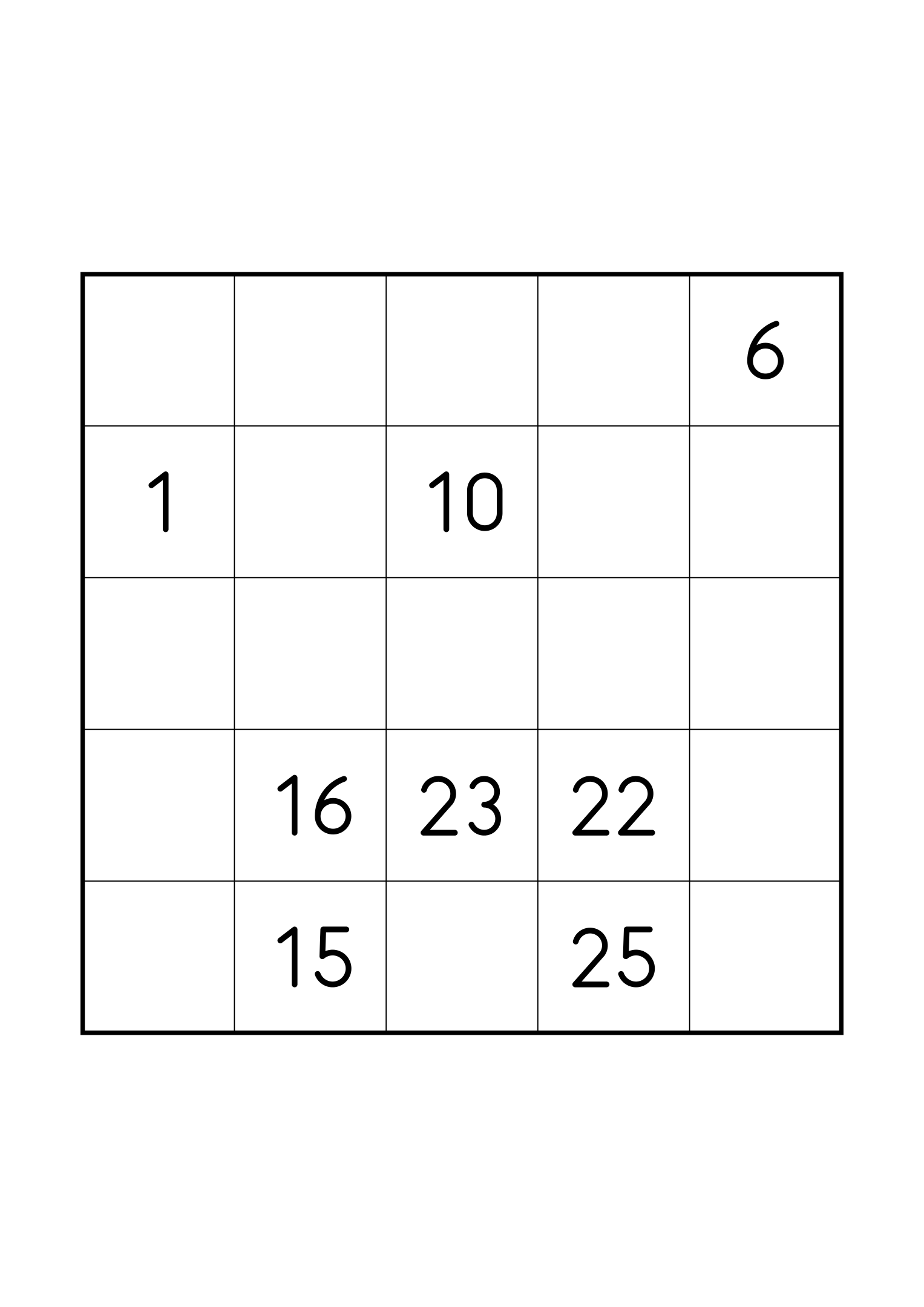 Hard 5x5 Hidoku, one grid on the page: just the numbers its single solution needs. Variant 5.