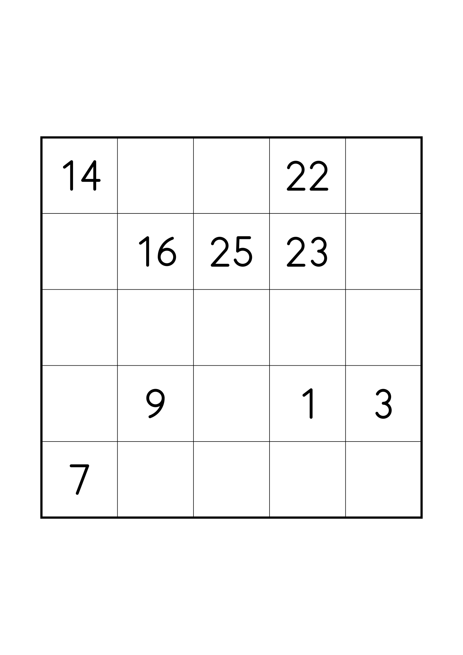 Hard 5x5 Hidoku, one grid on the page: just the numbers its single solution needs. Variant 6.