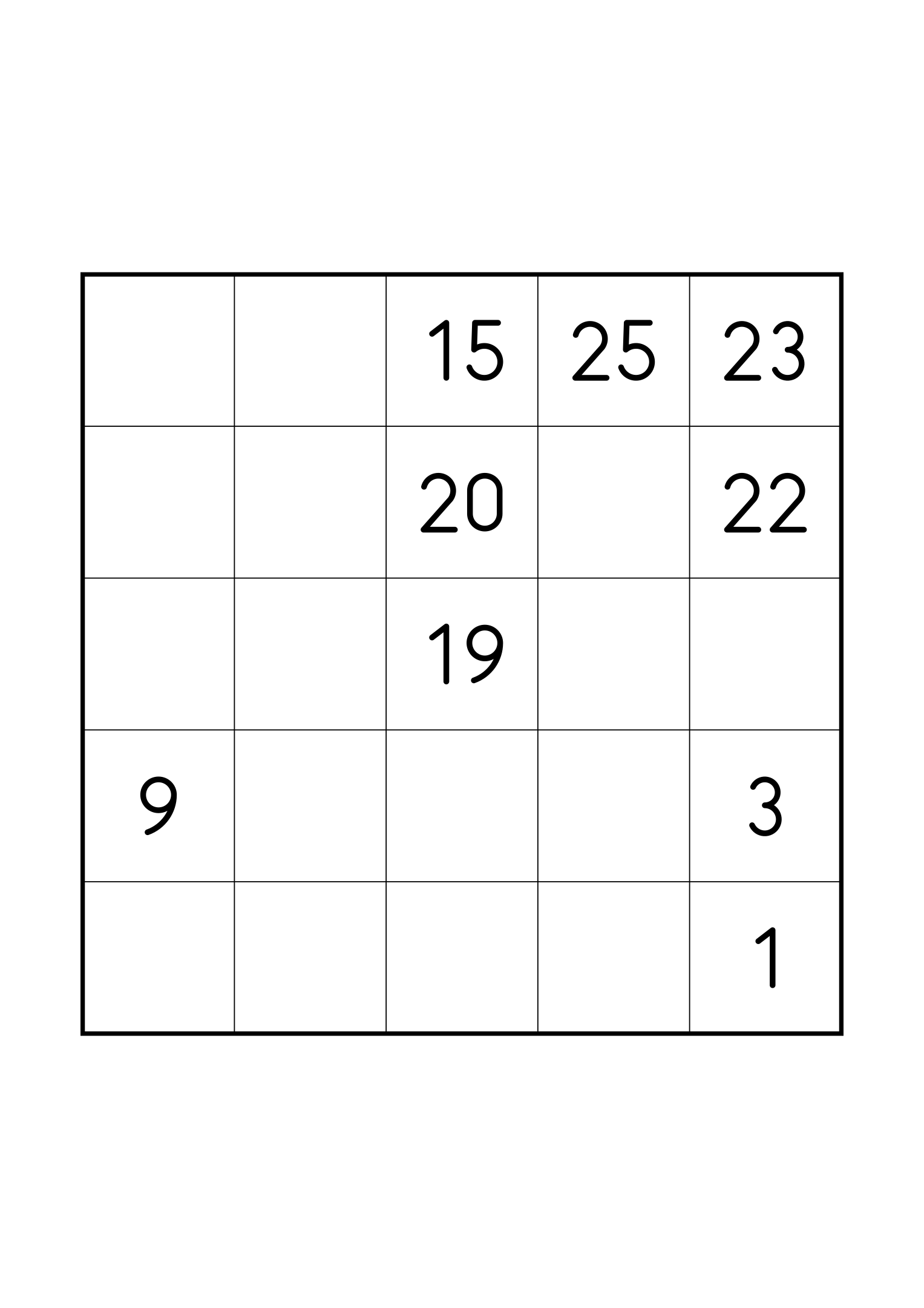 Hard 5x5 Hidoku, one grid on the page: just the numbers its single solution needs. Variant 7.