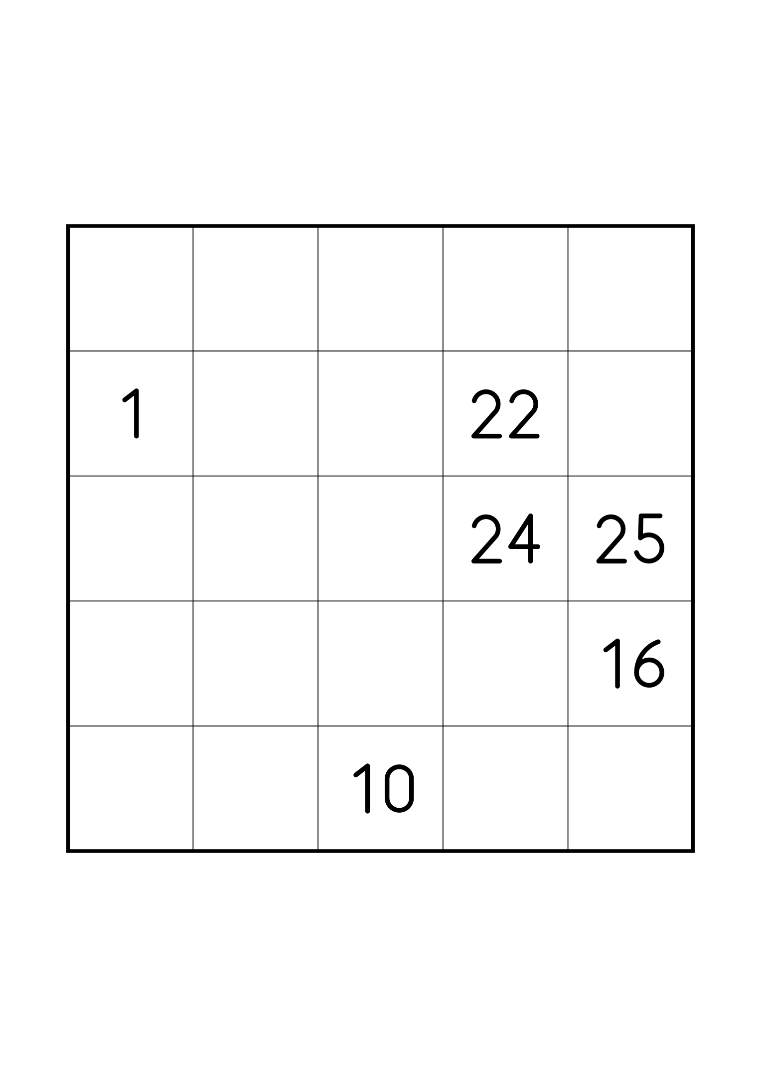 Hard 5x5 Hidoku, one grid on the page: just the numbers its single solution needs. Variant 8.