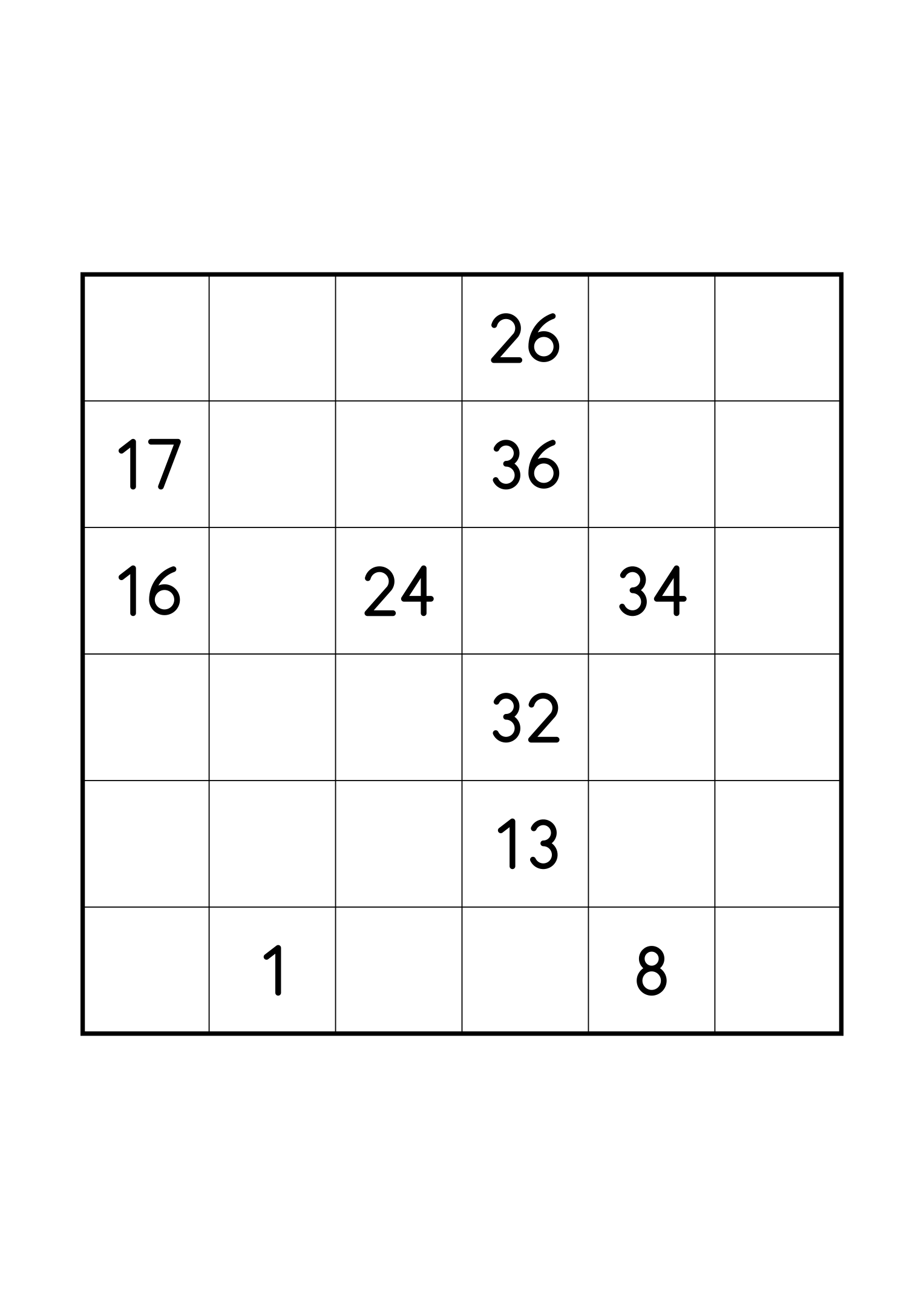 Hard 6x6 Hidoku on its own page: only the clues its unique solution relies on. Variant 1.