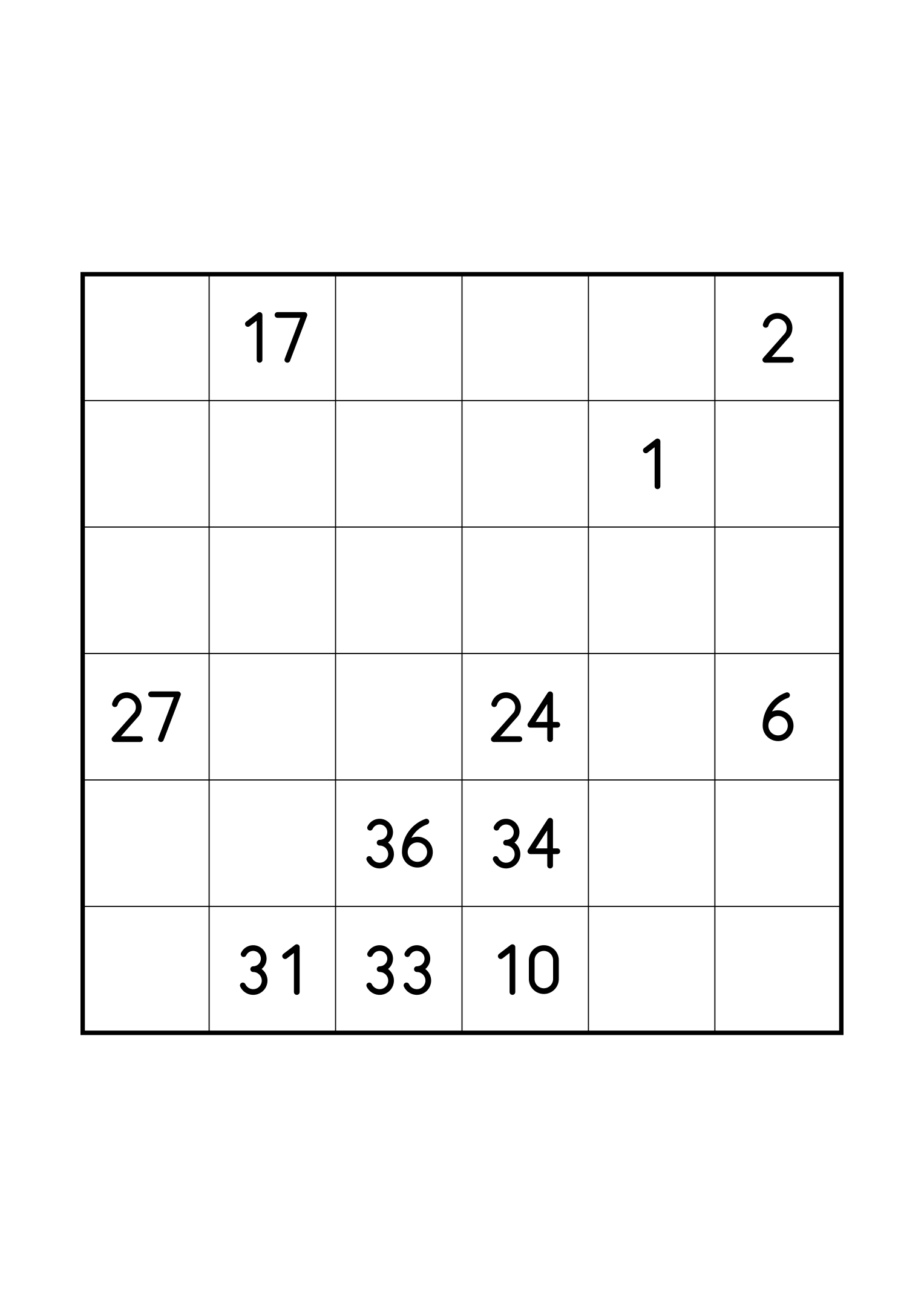 Hard 6x6 Hidoku on its own page: only the clues its unique solution relies on. Variant 2.