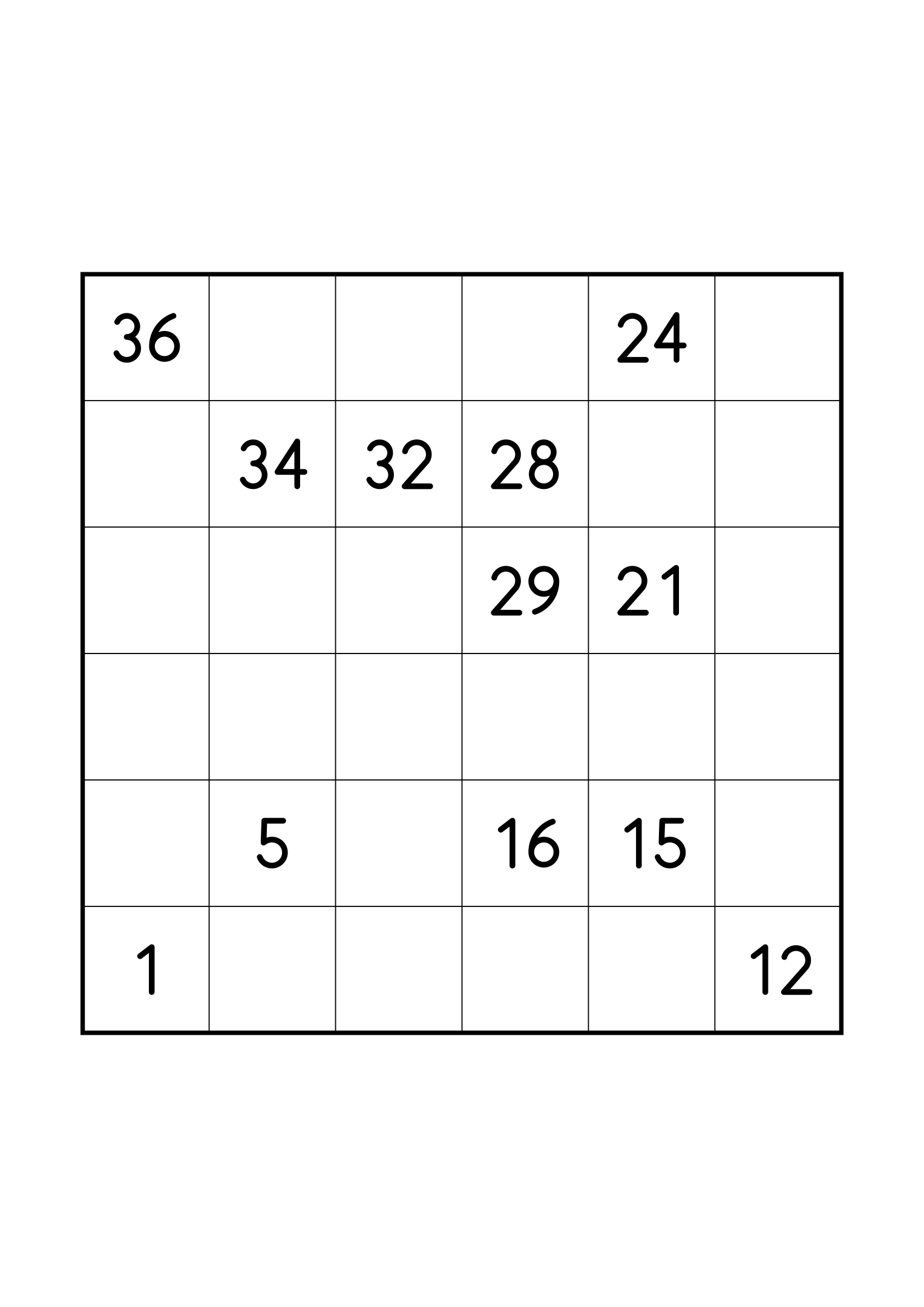 Hard 6x6 Hidoku on its own page: only the clues its unique solution relies on. Variant 3.