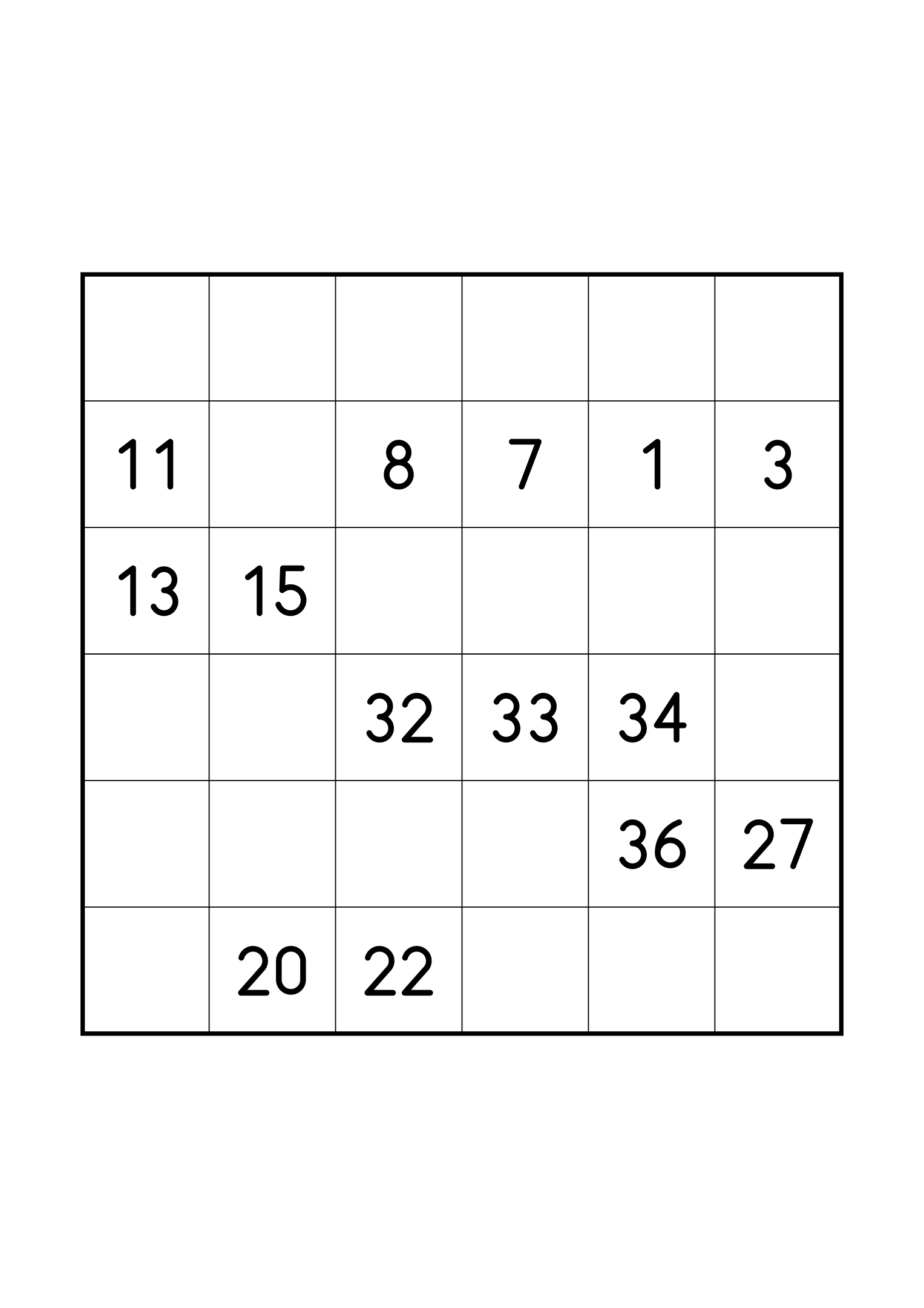 Hard 6x6 Hidoku on its own page: only the clues its unique solution relies on. Variant 6.