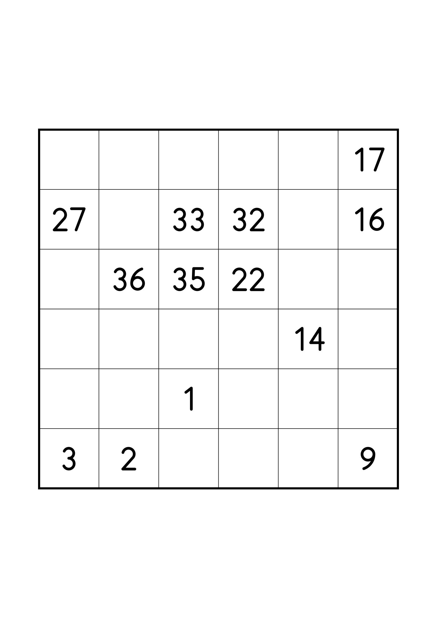 Hard 6x6 Hidoku on its own page: only the clues its unique solution relies on. Variant 8.
