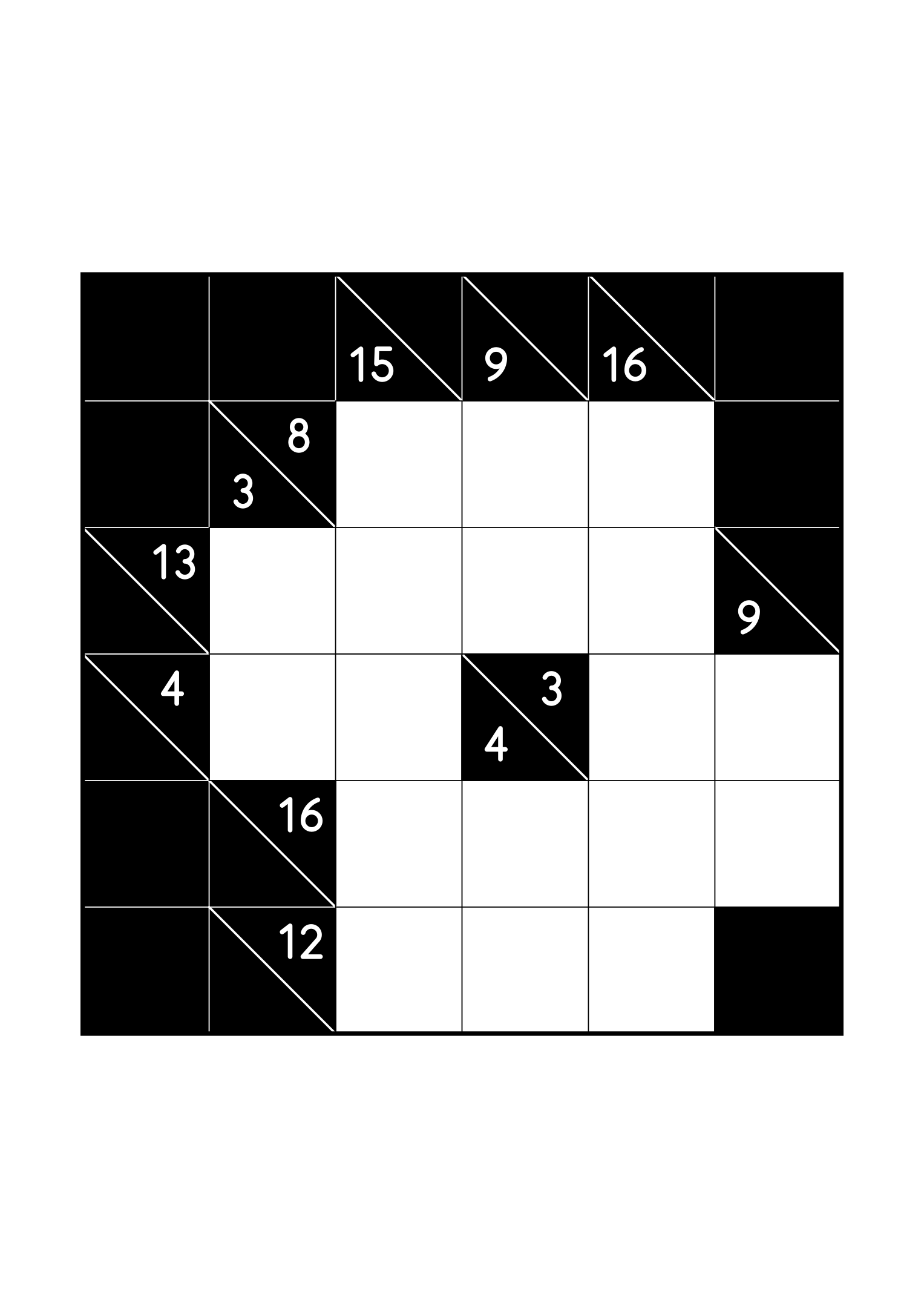 Hard 6x6 kakuro, where whole runs are tested against their cells, one large grid on the page. Level: Hard. Variant 1.