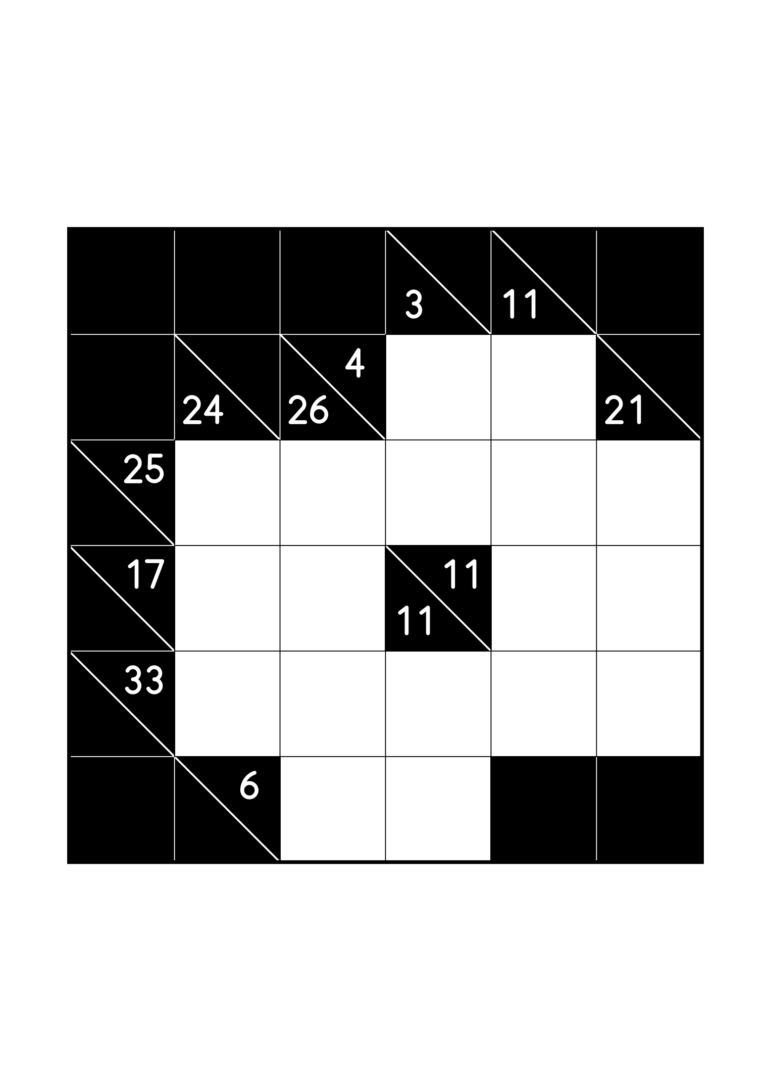 Hard 6x6 kakuro, where whole runs are tested against their cells, one large grid on the page. Level: Hard. Variant 3.