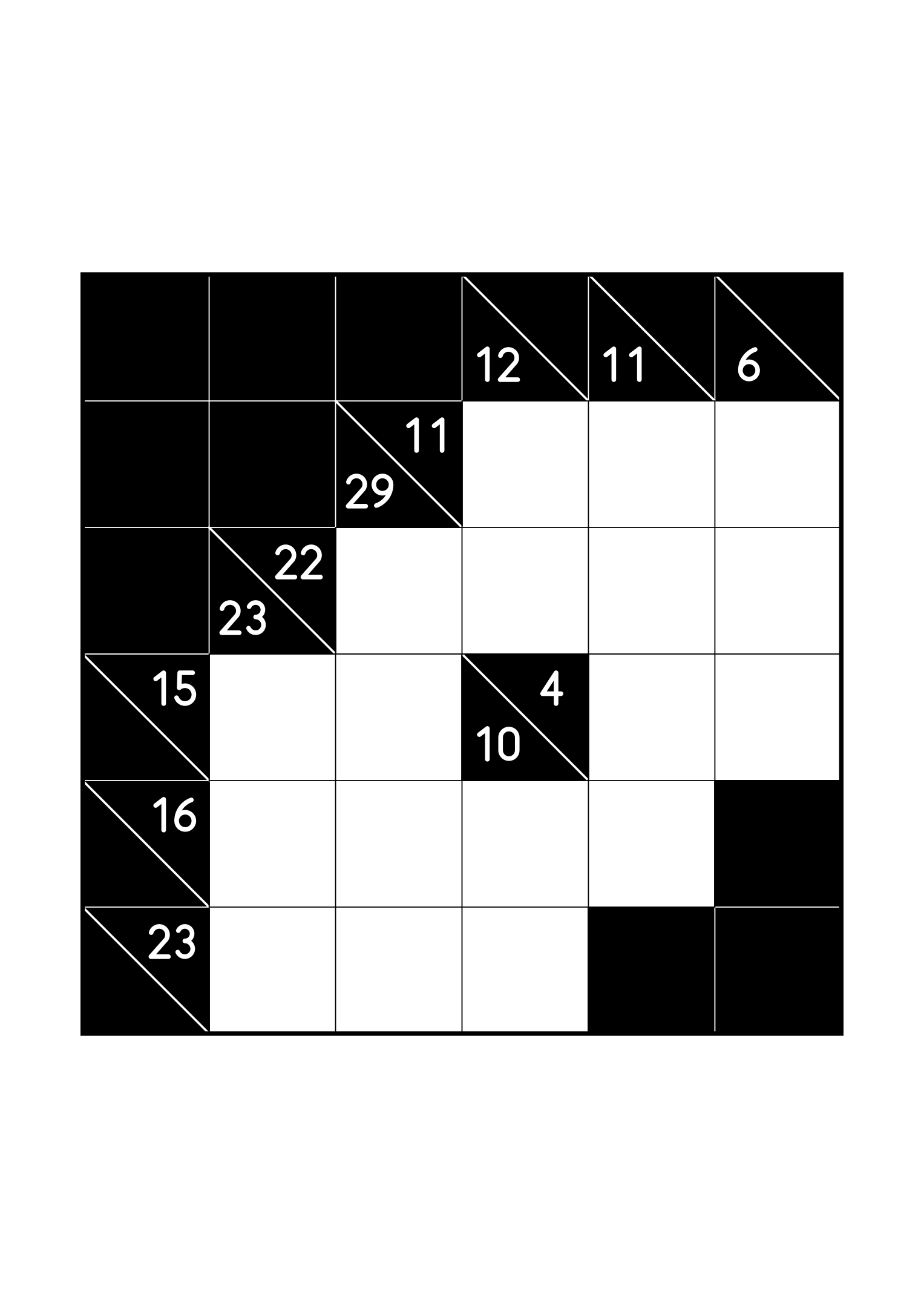Hard 6x6 kakuro, where whole runs are tested against their cells, one large grid on the page. Level: Hard. Variant 5.