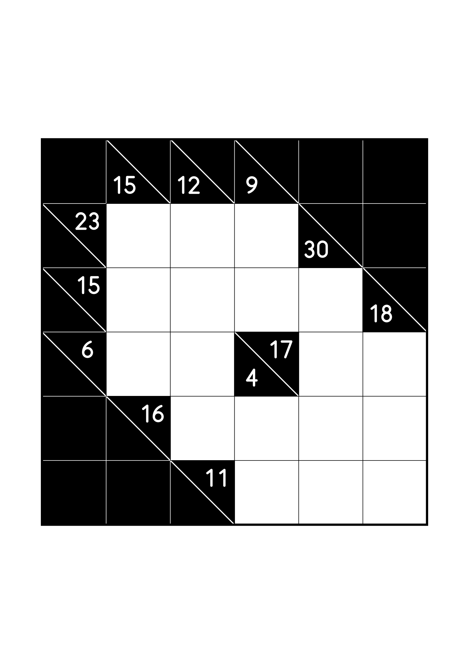 Hard 6x6 kakuro, where whole runs are tested against their cells, one large grid on the page. Level: Hard. Variant 6.