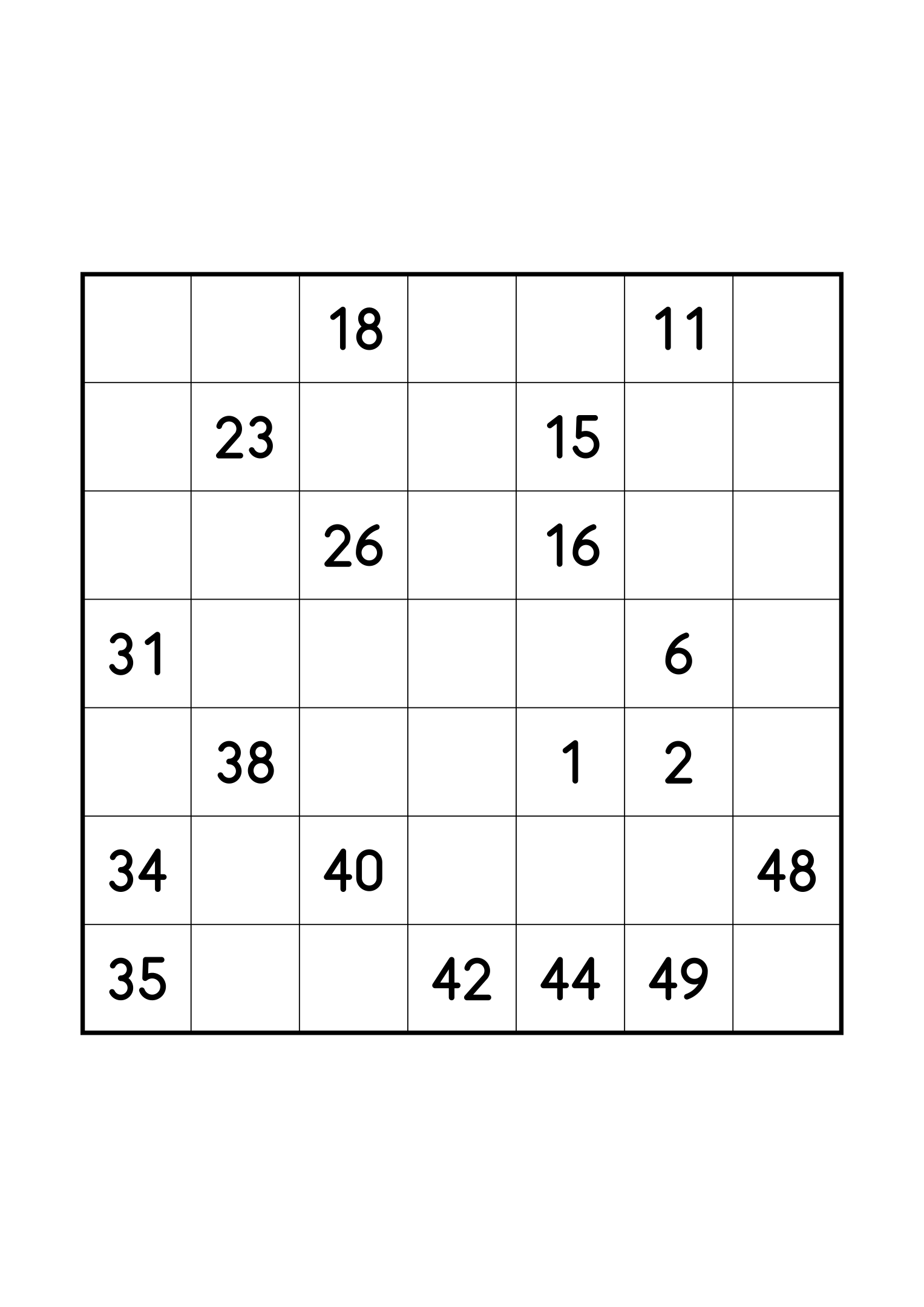 Hard 7x7 Hidoku, one per page: long stretches of the path left blank. Variant 1.