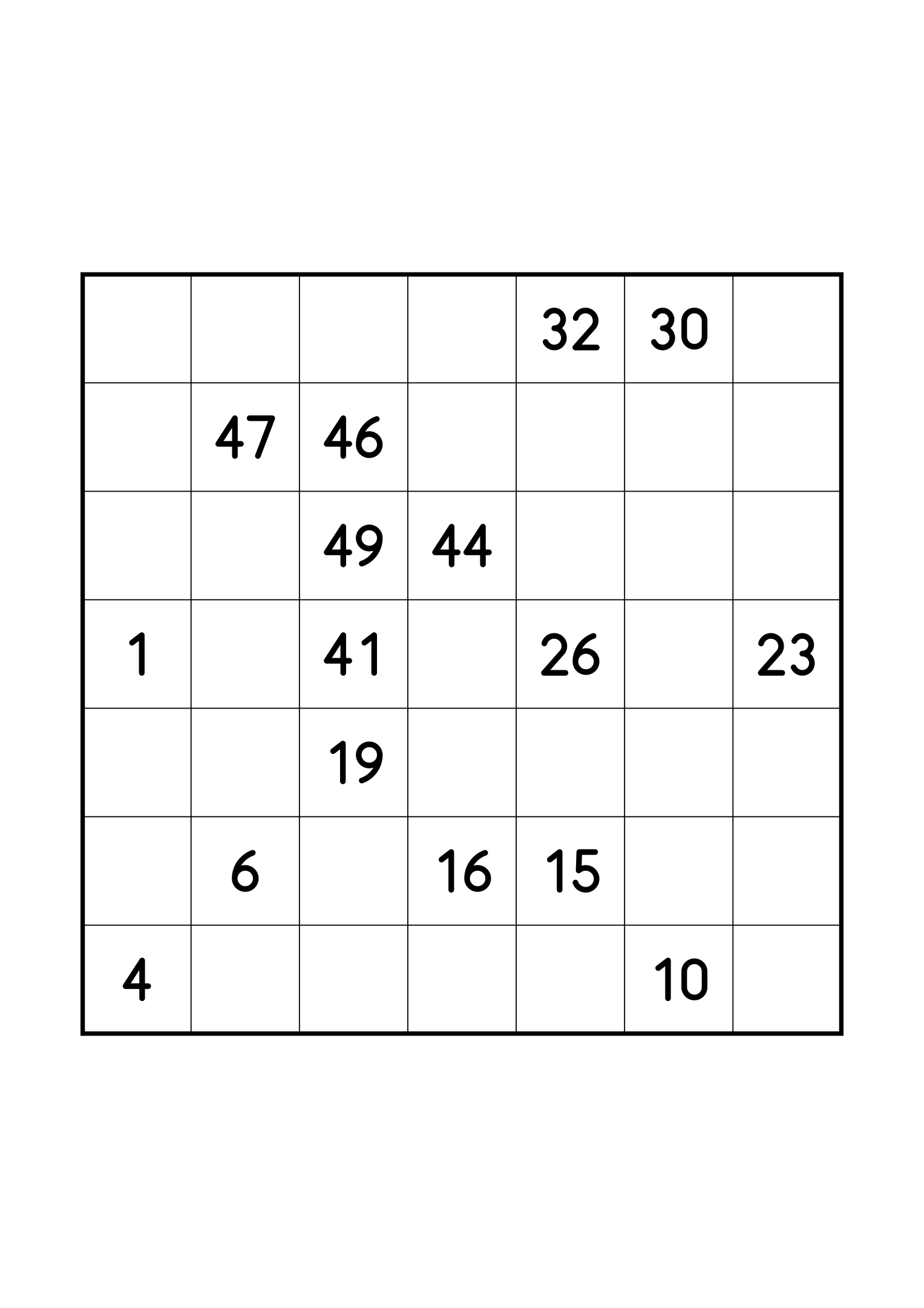 Hard 7x7 Hidoku, one per page: long stretches of the path left blank. Variant 2.