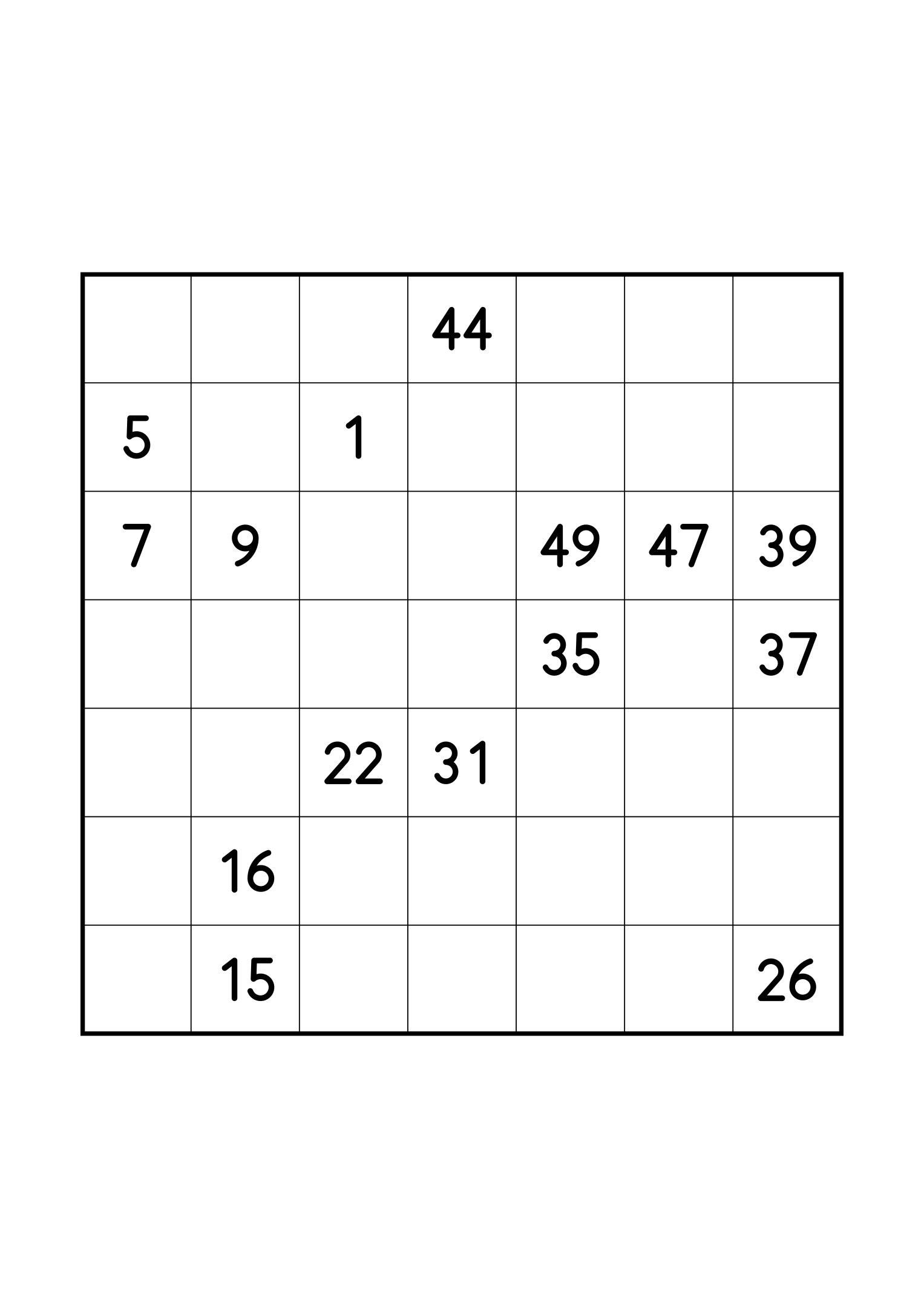 Hard 7x7 Hidoku, one per page: long stretches of the path left blank. Variant 3.