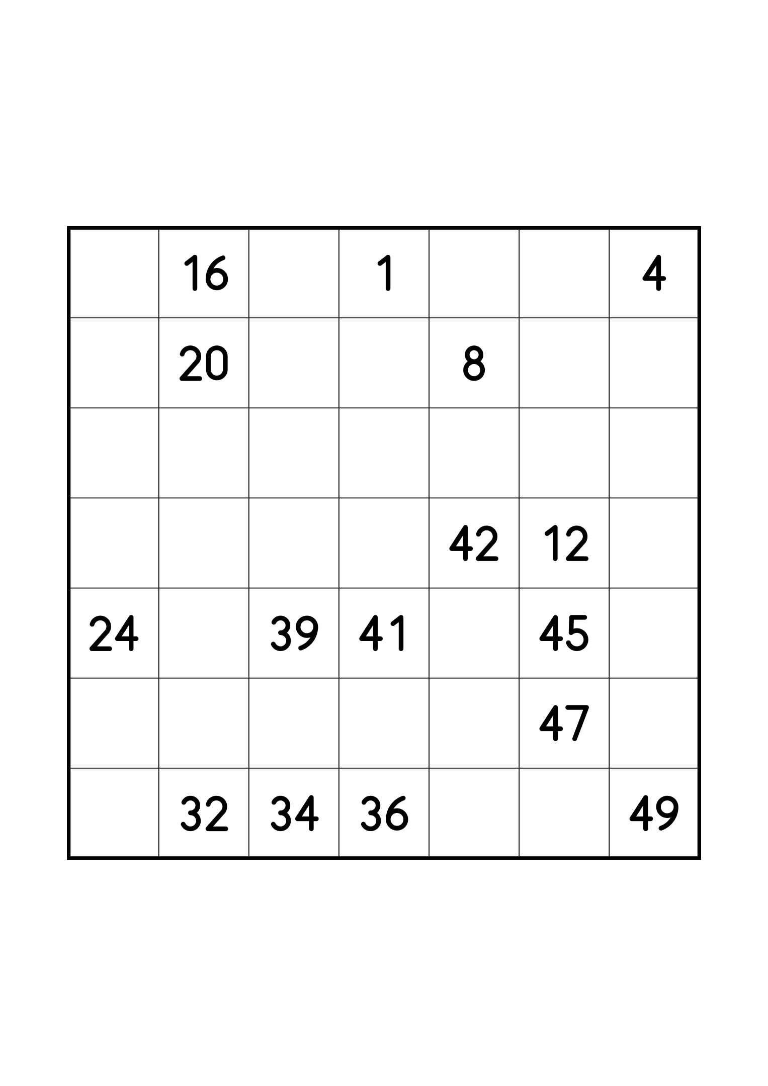 Hard 7x7 Hidoku, one per page: long stretches of the path left blank. Variant 4.