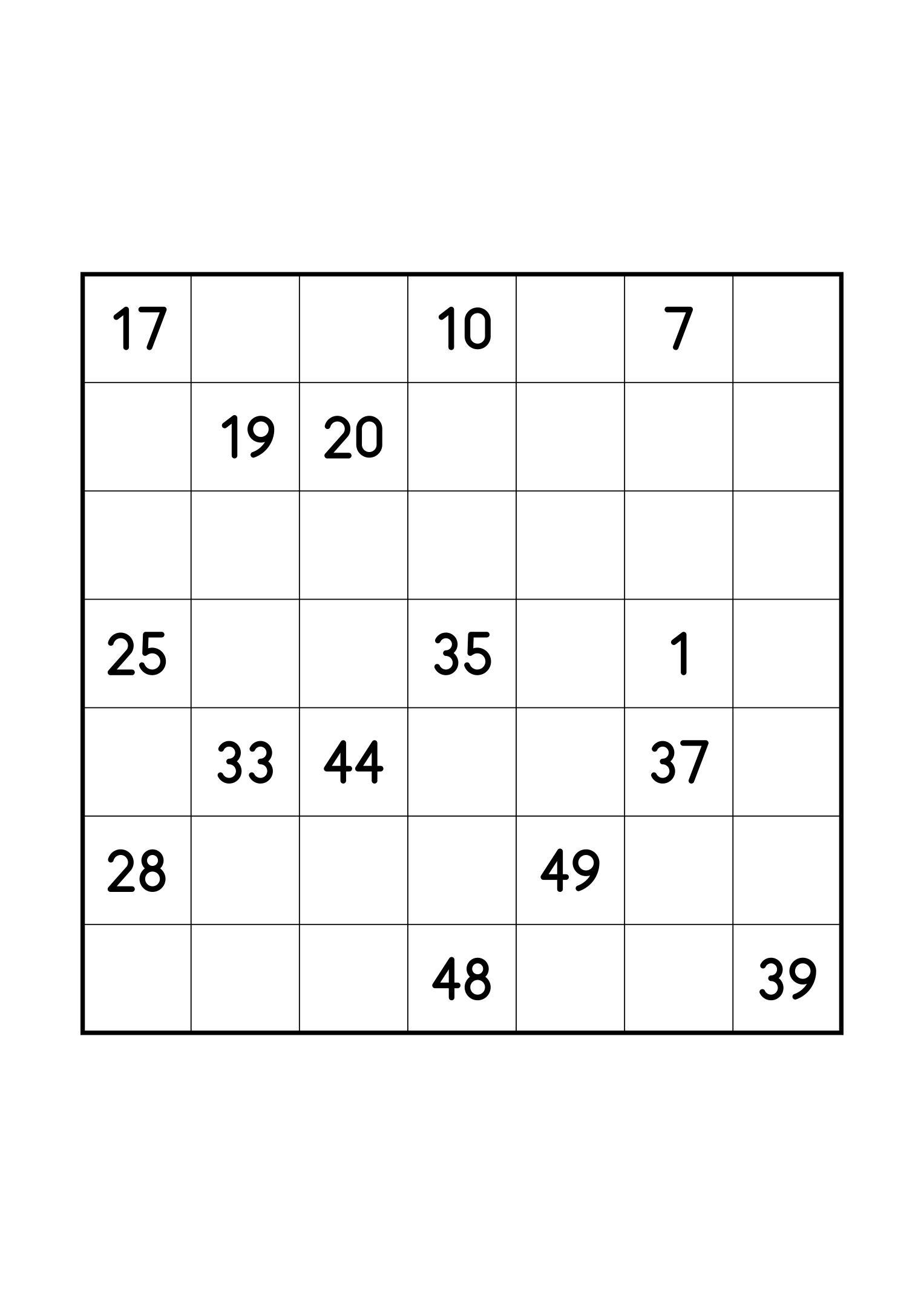Hard 7x7 Hidoku, one per page: long stretches of the path left blank. Variant 5.