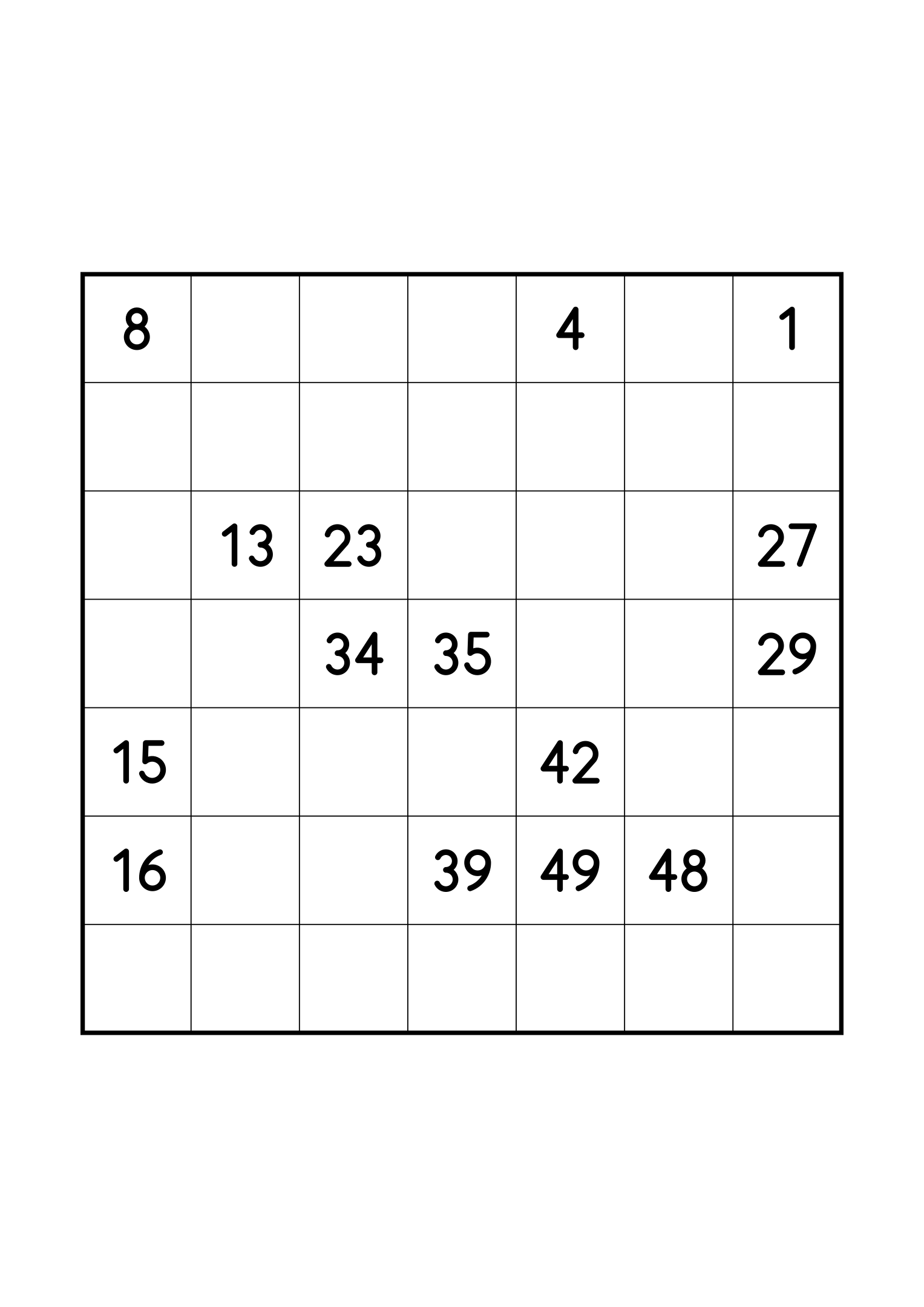 Hard 7x7 Hidoku, one per page: long stretches of the path left blank. Variant 6.