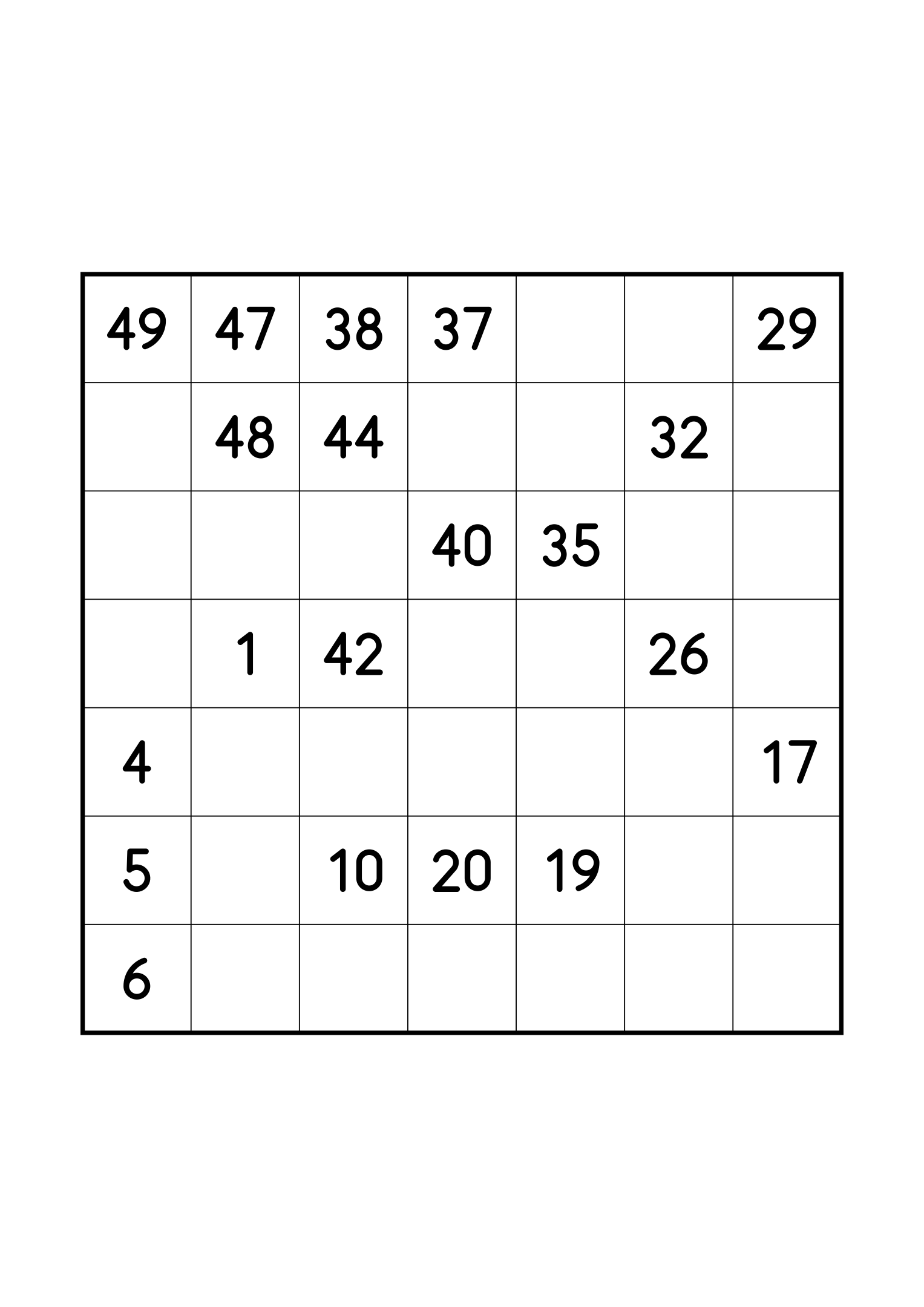 Hard 7x7 Hidoku, one per page: long stretches of the path left blank. Variant 7.