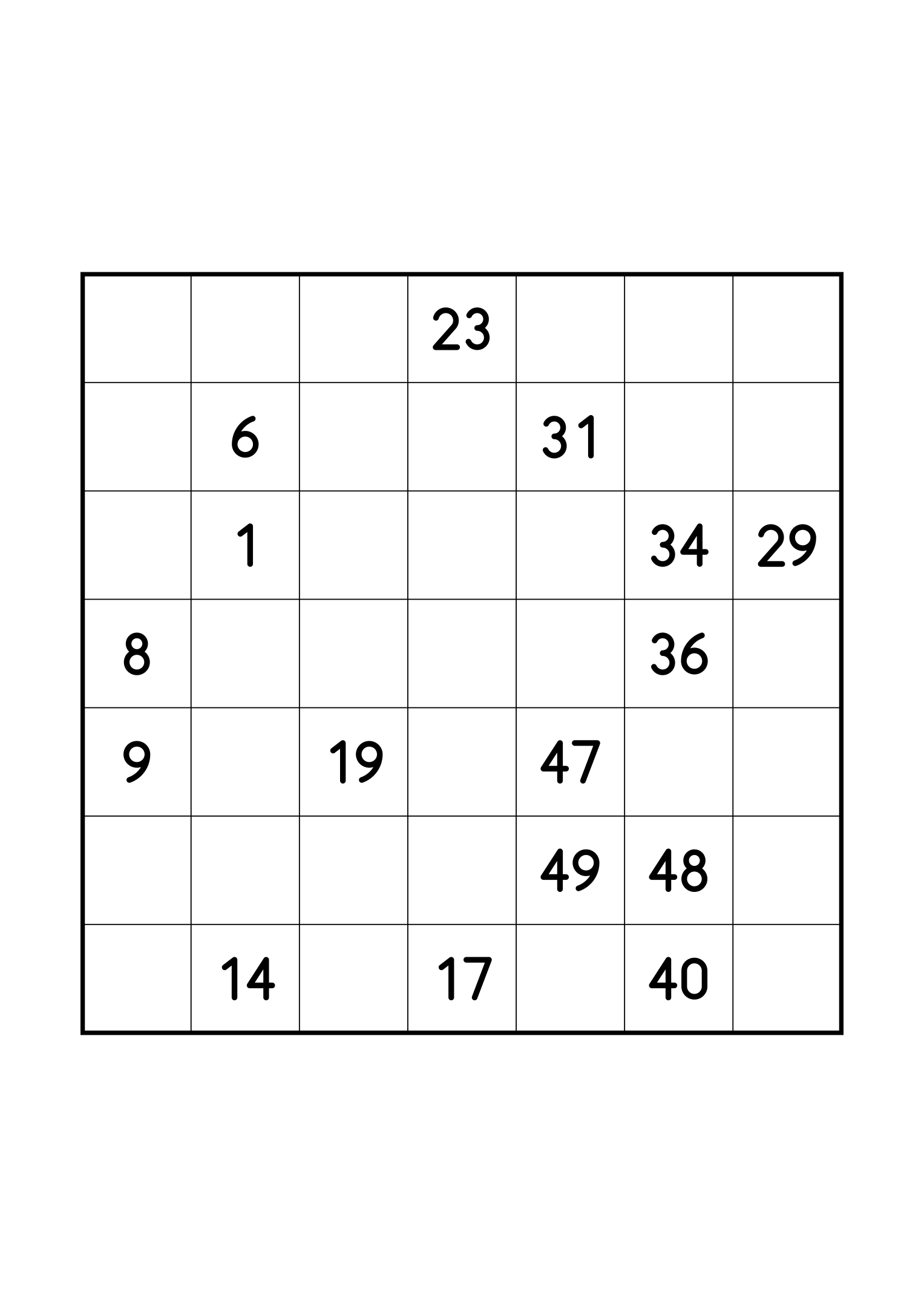 Hard 7x7 Hidoku, one per page: long stretches of the path left blank. Variant 8.