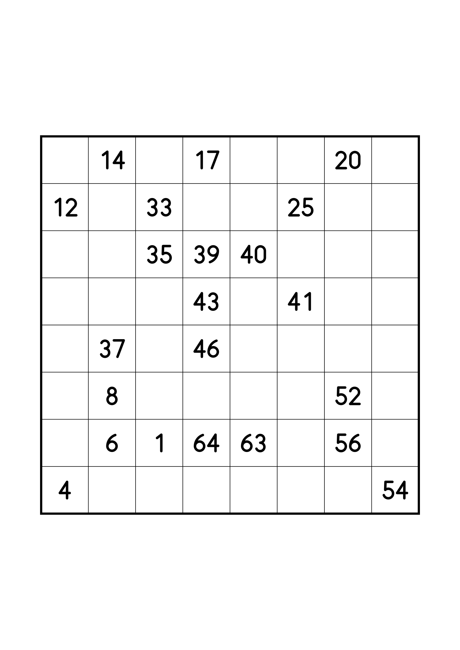 Hard 8x8 Hidoku alone on its page: few clues for a 64-step path. Variant 1.